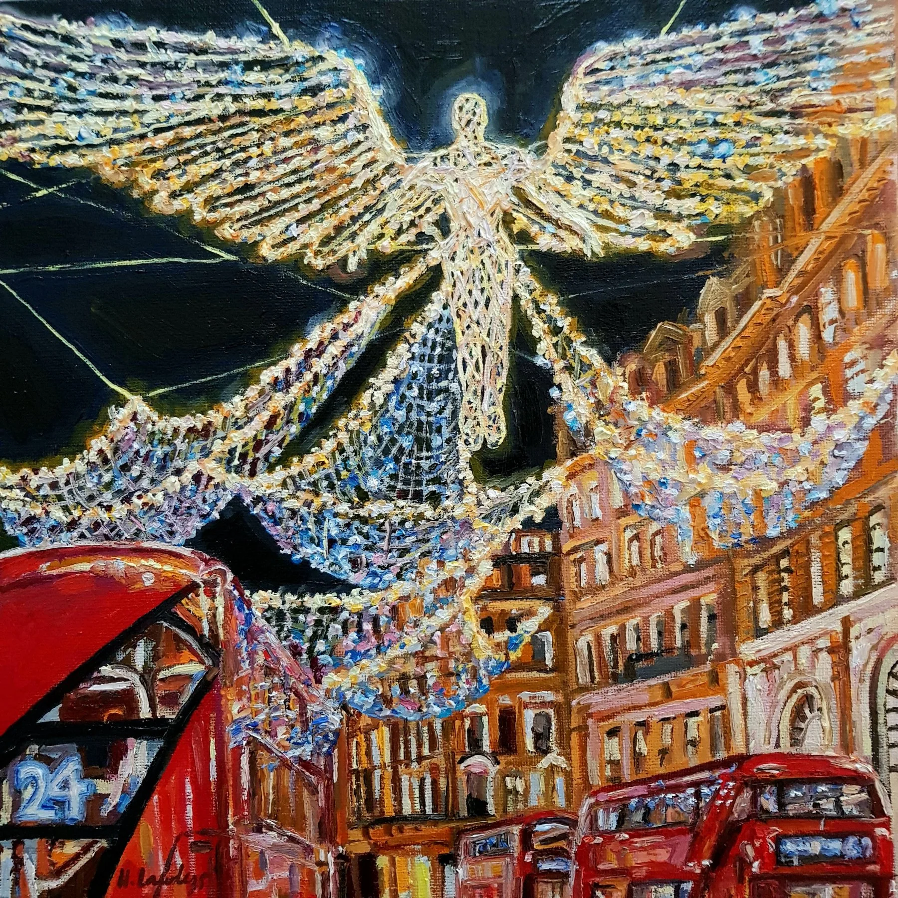 "Regent Street Christmas Lights", Oil on canvas board, 30 × 30cm, 2021. Sold.
