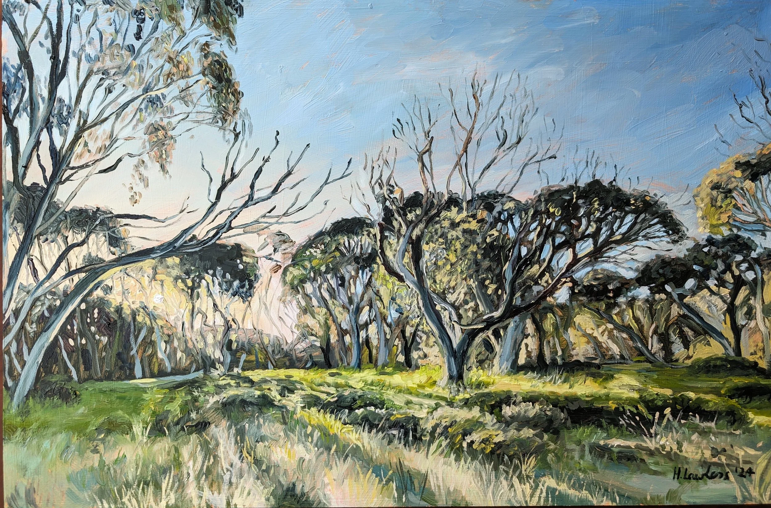 "Dawn Blues At Dinner Plain", Oil on board, 56 × 37cm, 2024. Sold.