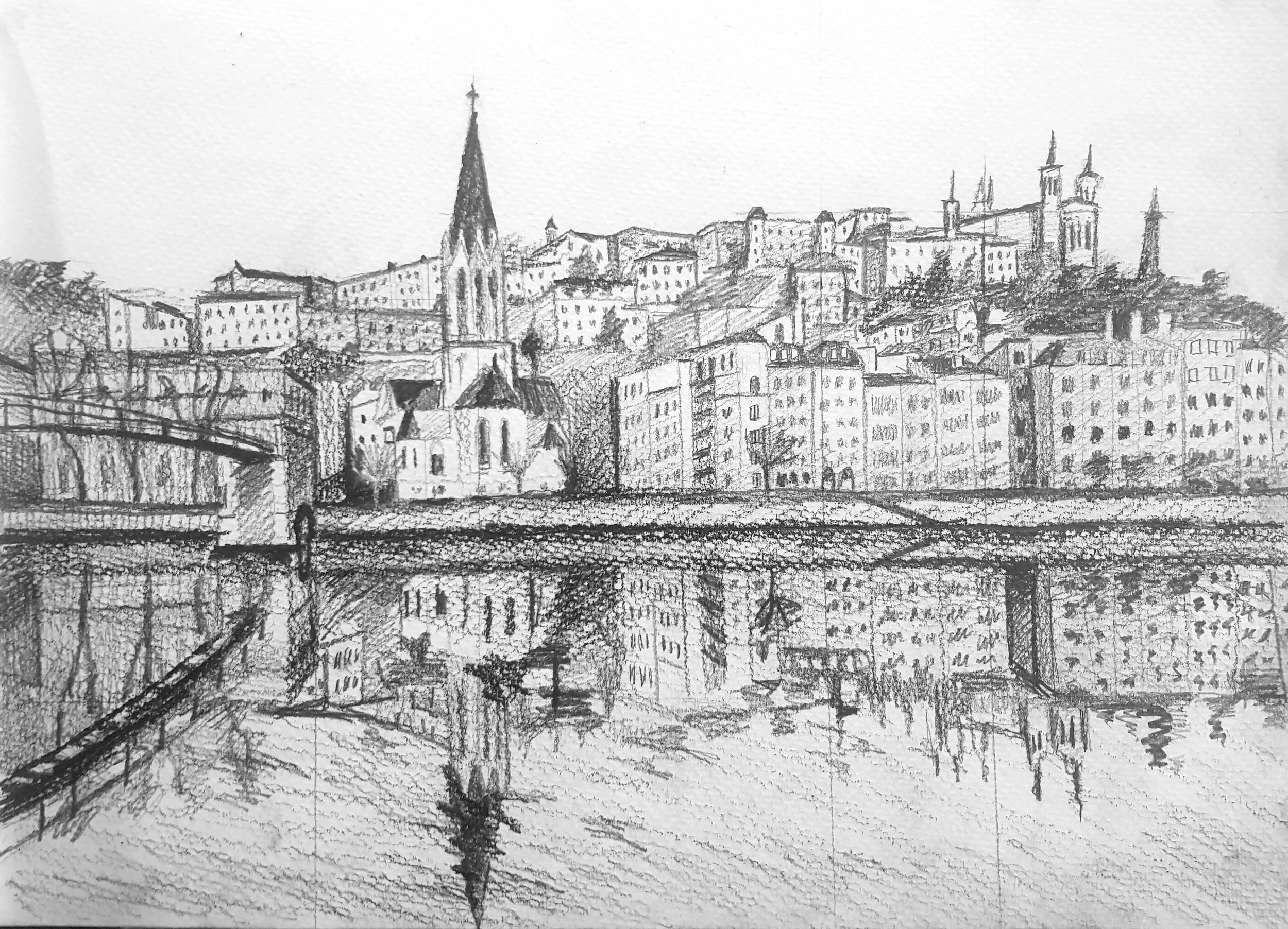 black and white pencil sketch of Lyon, France reflection of buildings in the river