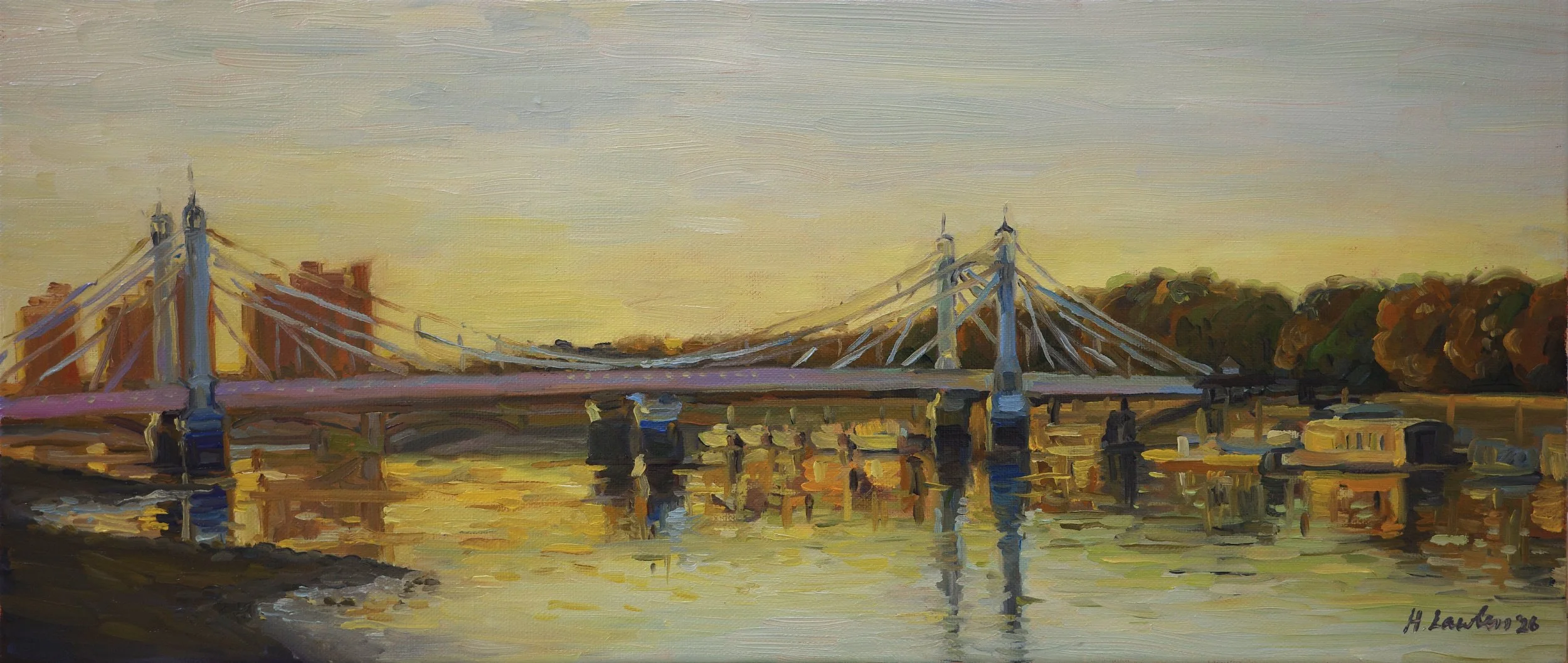 "Yellow Sunrise, Albert Bridge", Oil on linen, 70 × 30cm, 2026. Will be available on August 6th. Sign up to my mailing list.