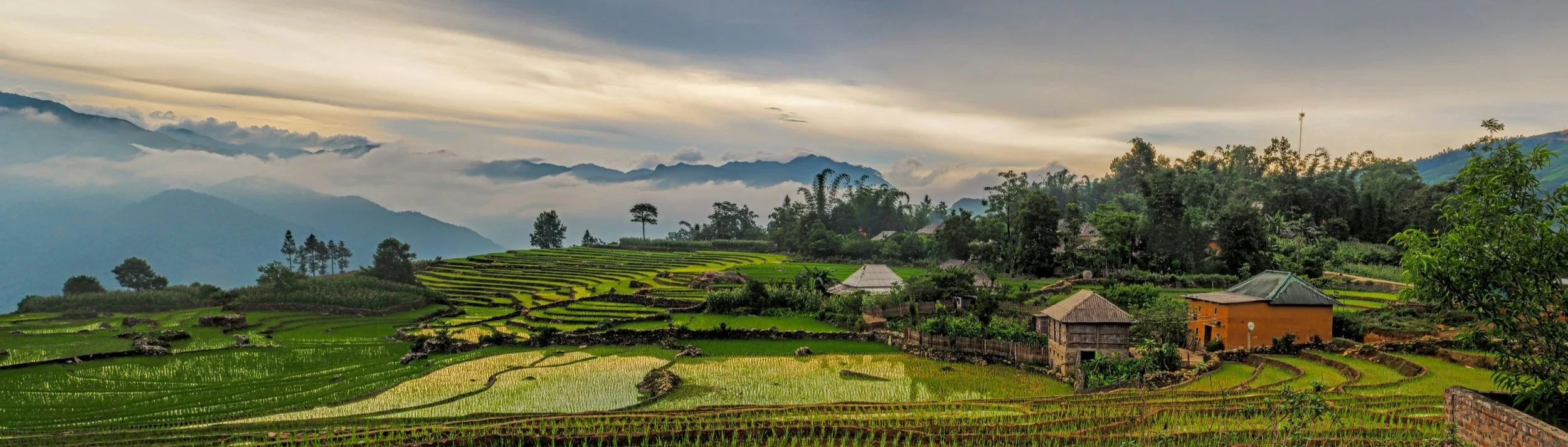 Terraced rice fields with lush greenery, a small village with wooden houses, and a backdrop of misty mountains under a cloudy sky.