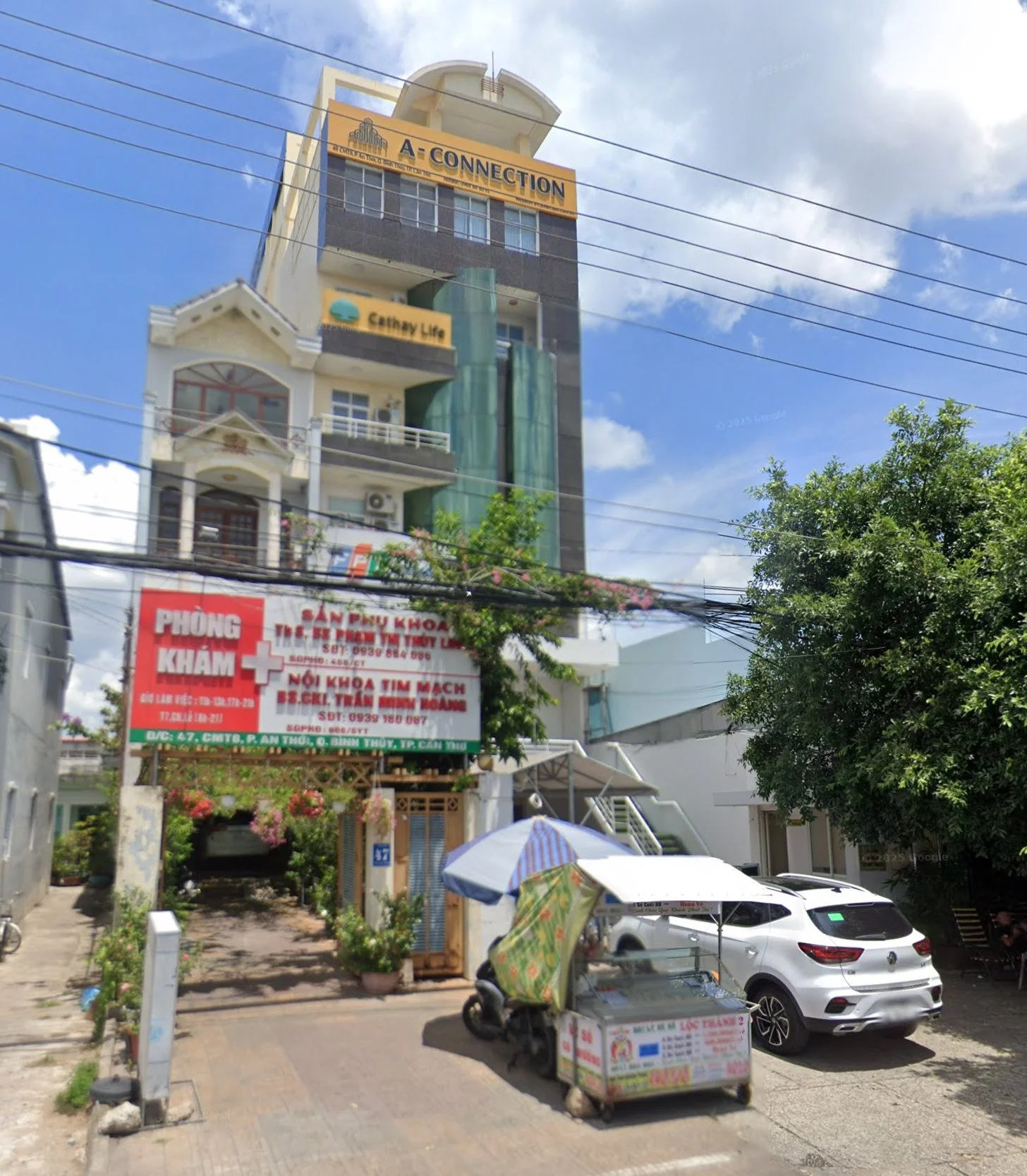 都市の通りにある多層ビルと駐車場。ビルの上部には「A-Connection」の看板が見え、下部には医療の看板と小さな屋台が設置されている。