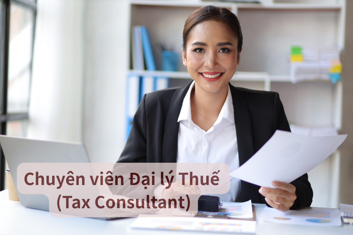 A smiling woman in a business suit sitting at a desk with papers and a laptop, in an office setting, labeled as a tax consultant.
