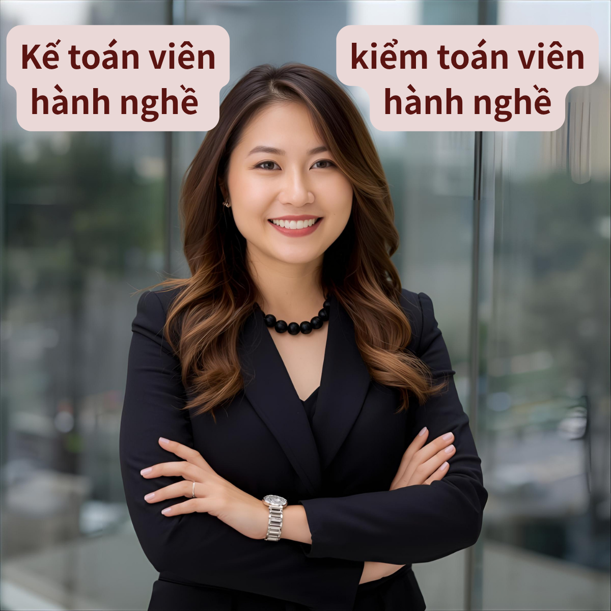 Professional woman with long wavy hair smiling in front of a glass window
