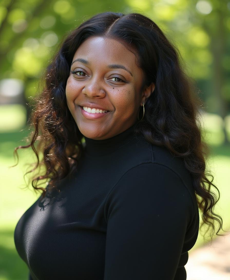 A smiling woman with long dark wavy hair, wearing a black top, standing outdoors with blurred green trees in the background.