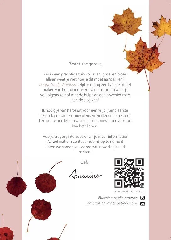 Flyer tuinontwerp Design Studio Amarins, Friesland. Tuinontwerp, Landschapsontwerp, tuinadvies, droomtuin