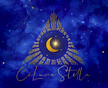Conception stylisée d'un œil avec une pupille en forme de lune, entouré d'un fond étoilé bleu, avec une inscription en français 'C'est une étoile'.