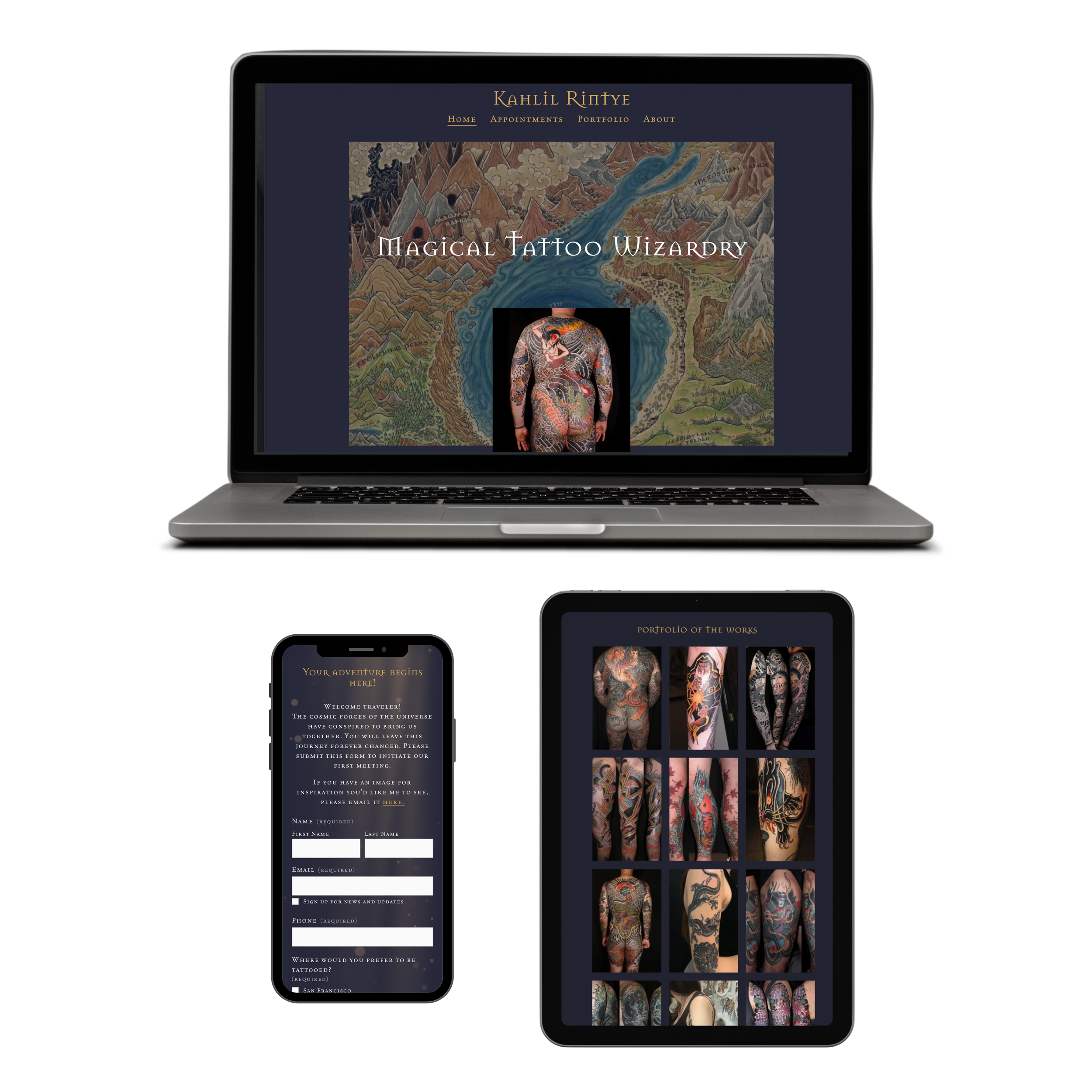 Screenshot of a website homepage for Kahlil Rintye, a tattoo artist, featuring navigation links for Home, Appointments, Portfolio, and About, with a background image of a detailed map and a tattooed person.