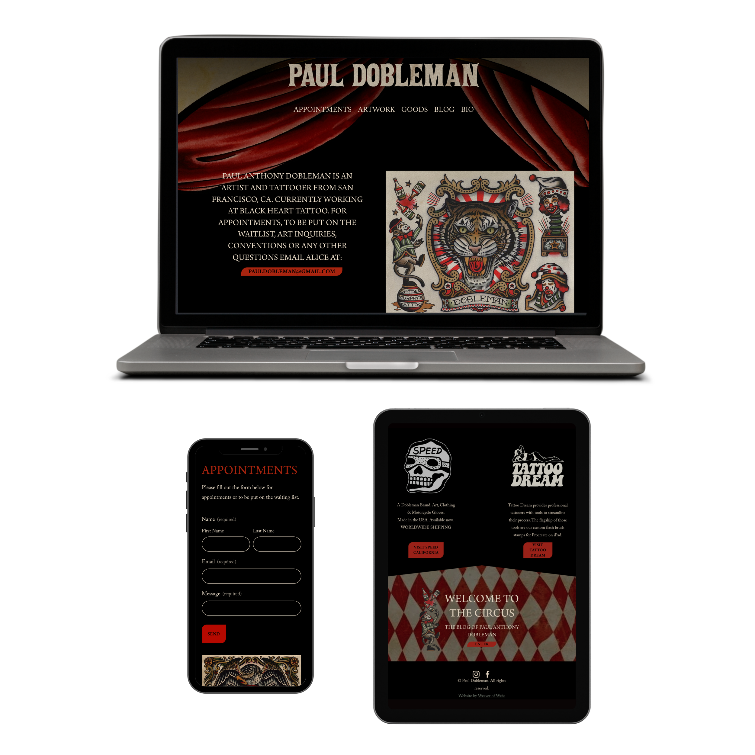Screenshots of a tattoo artist's website on multiple devices, displaying the artist's name (Paul Doblean), menu options, contact information, and tattoo artwork, including a tiger and circus-themed illustrations.