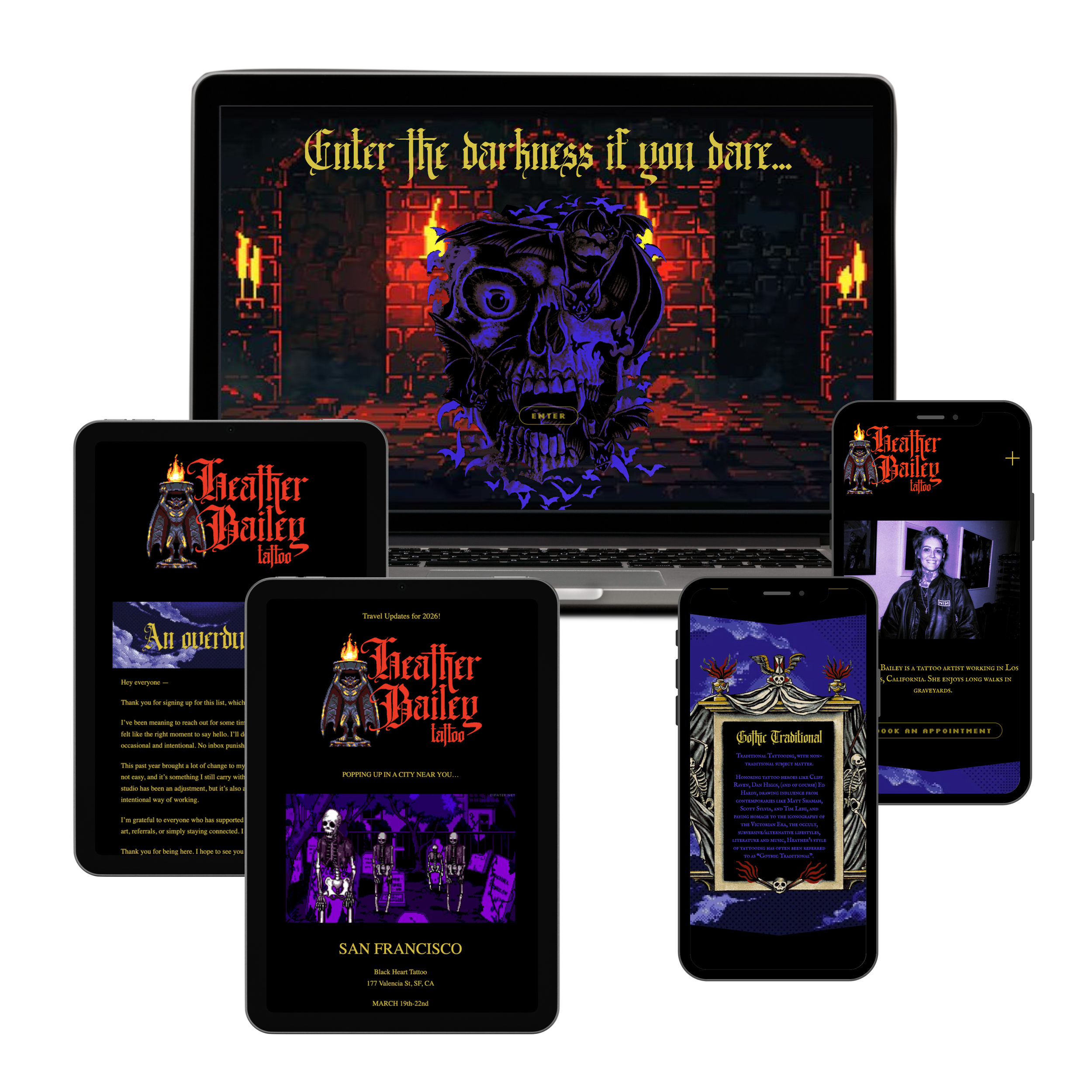 Multiple electronic devices displaying tattoo studio websites with gothic art and text, including skulls, skeletons, and dark-themed graphics.