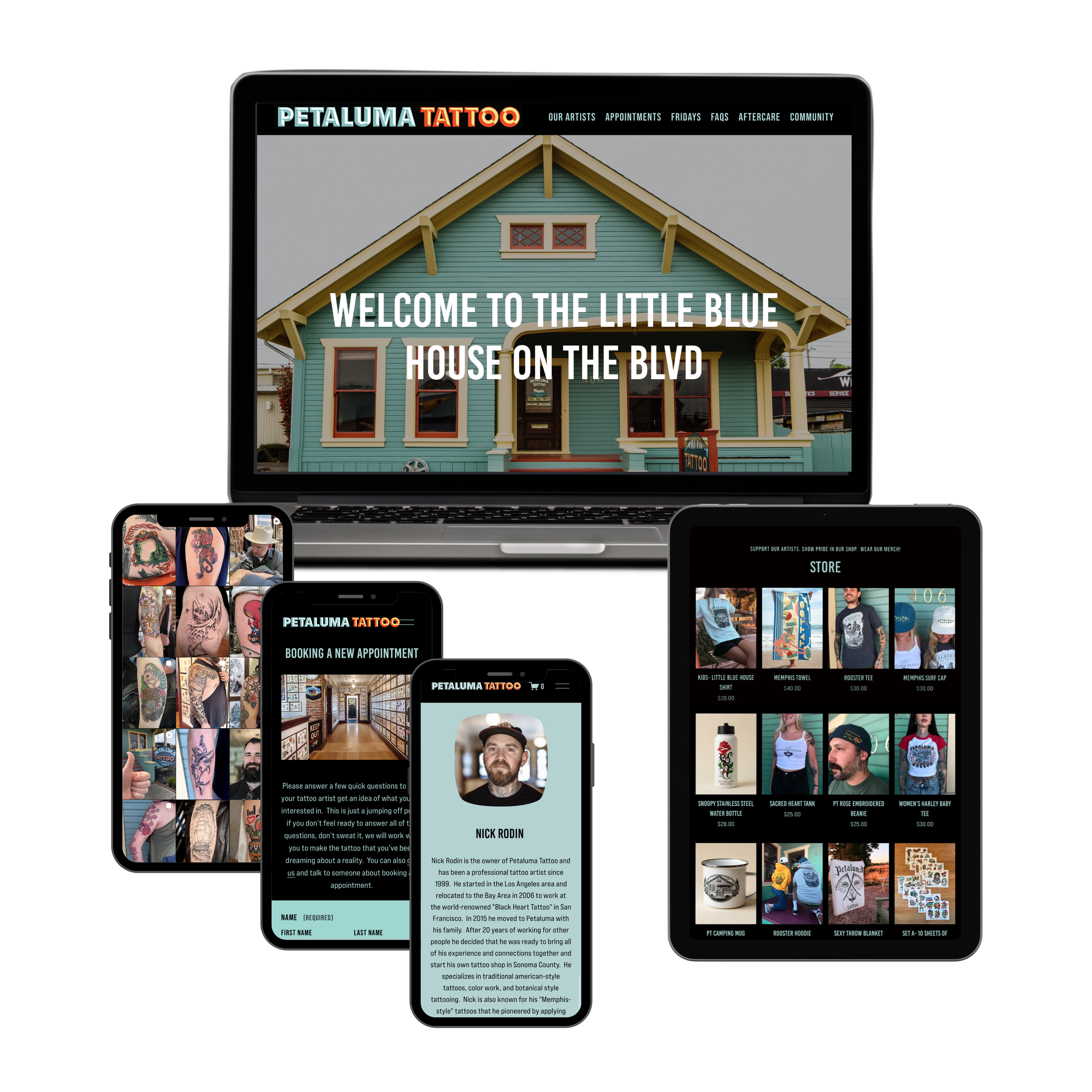 Screenshots of the Petaluma Tattoo website displayed on multiple devices, including a laptop, tablets, and smartphones, showing images of tattoos, merchandise, and information about the tattoo shop.