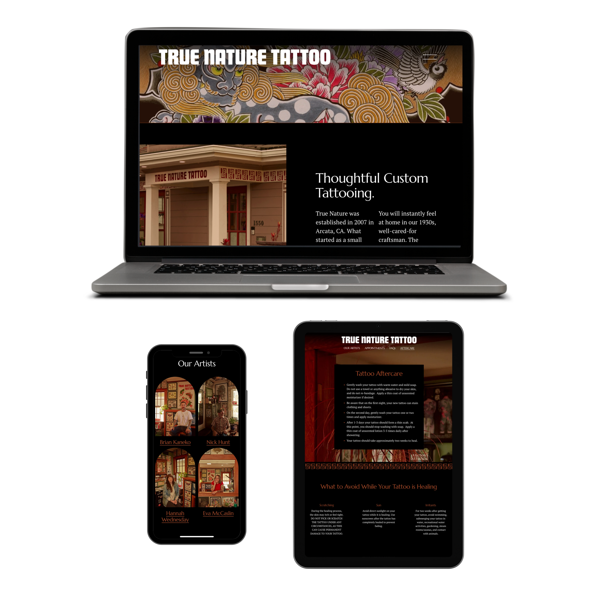 Screenshots of a tattoo studio website called True Nature Tattoo displaying tattoo designs, artist profiles, and aftercare instructions.