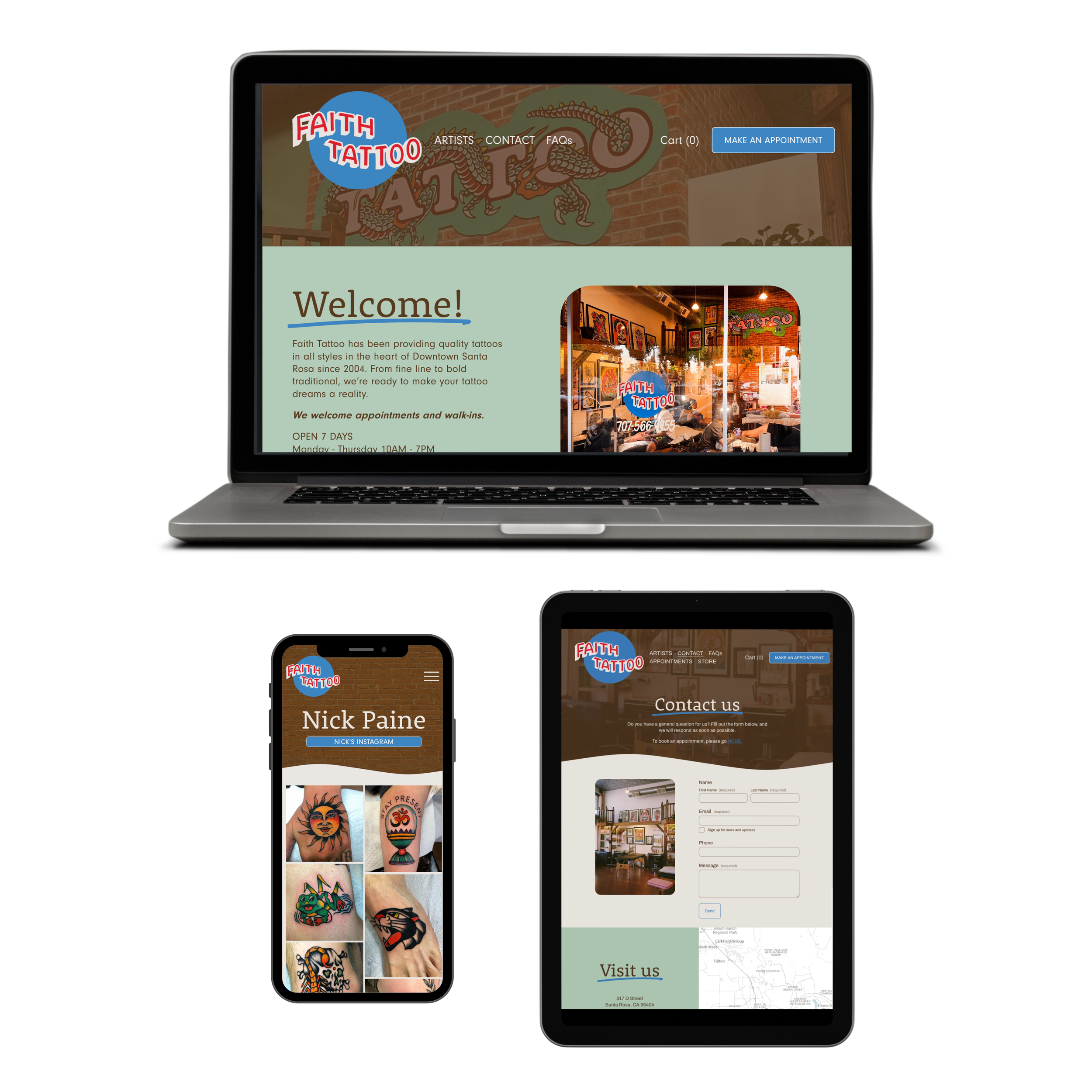Screenshots of a tattoo shop website called Faith Tattoo on various devices including a laptop, smartphone, and tablet. The website features the shop's logo, pictures of tattoos, contact information, and options to make appointments.