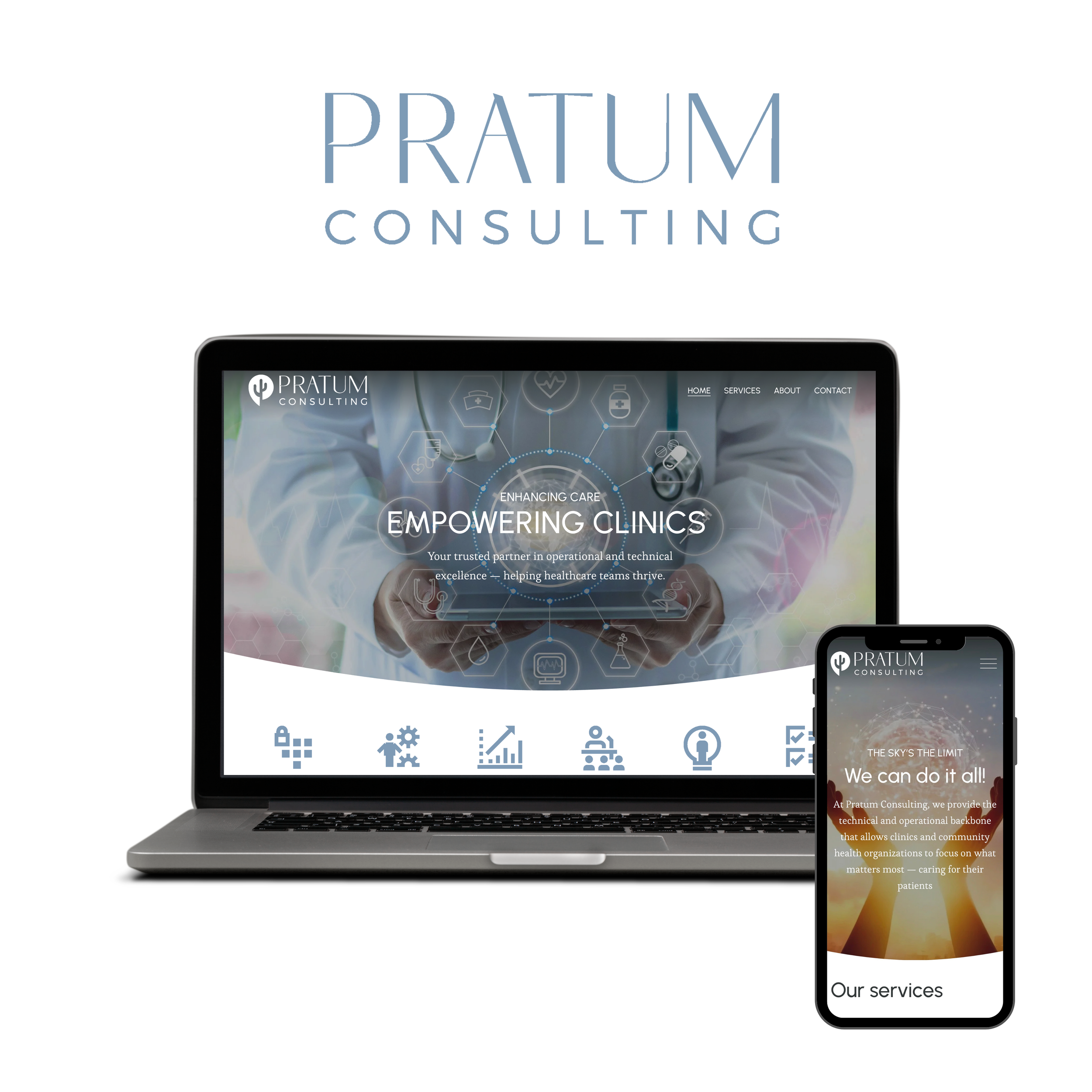 A digital marketing website for Pratum Consulting displayed on a tablet and smartphone, featuring healthcare graphics and service information.