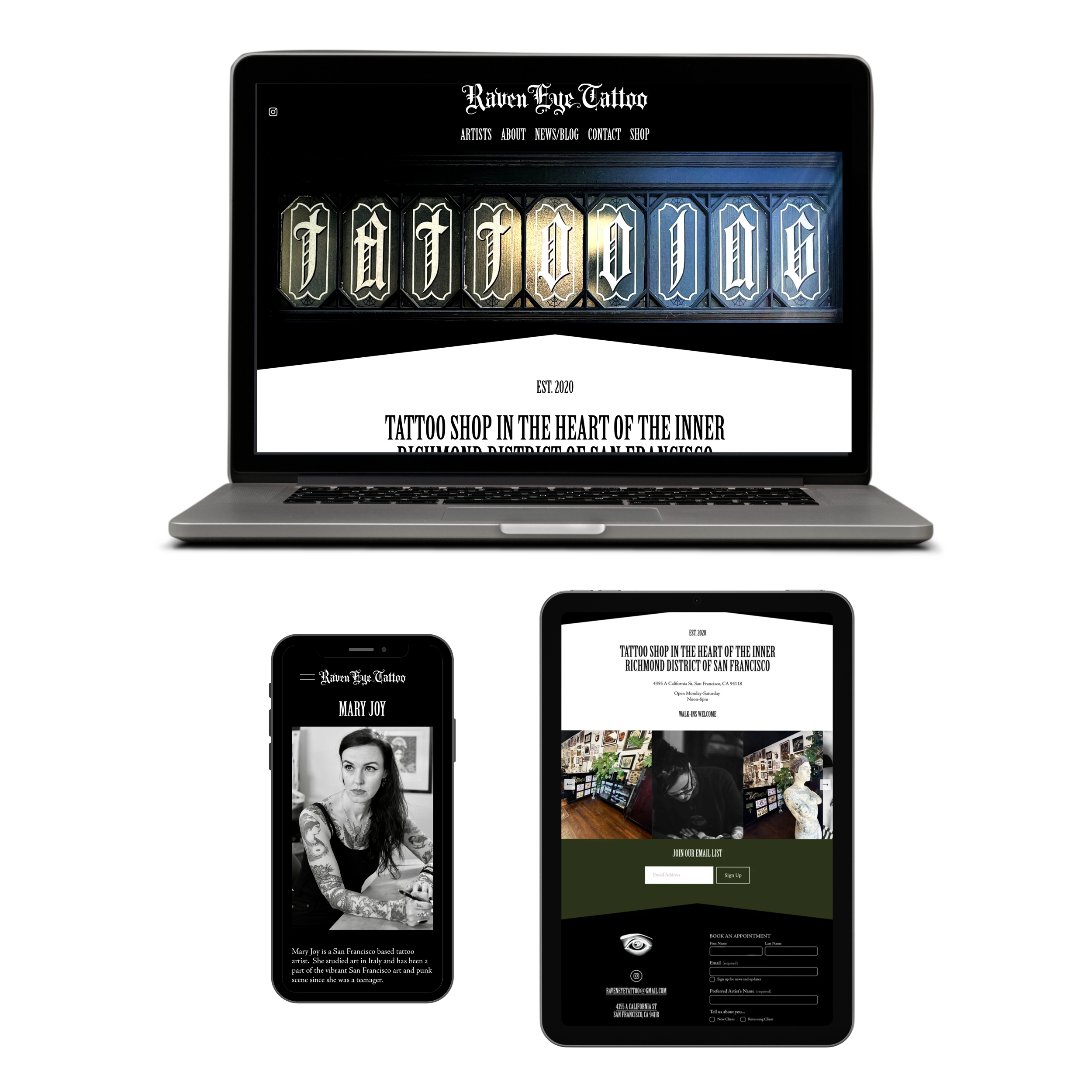 Responsive website layout displayed on a tablet, smartphone, and laptop screen, featuring a tattoo shop called 'Raven Eye Tattoo' with imagery of tattooed individuals and artwork, and navigation menu options.