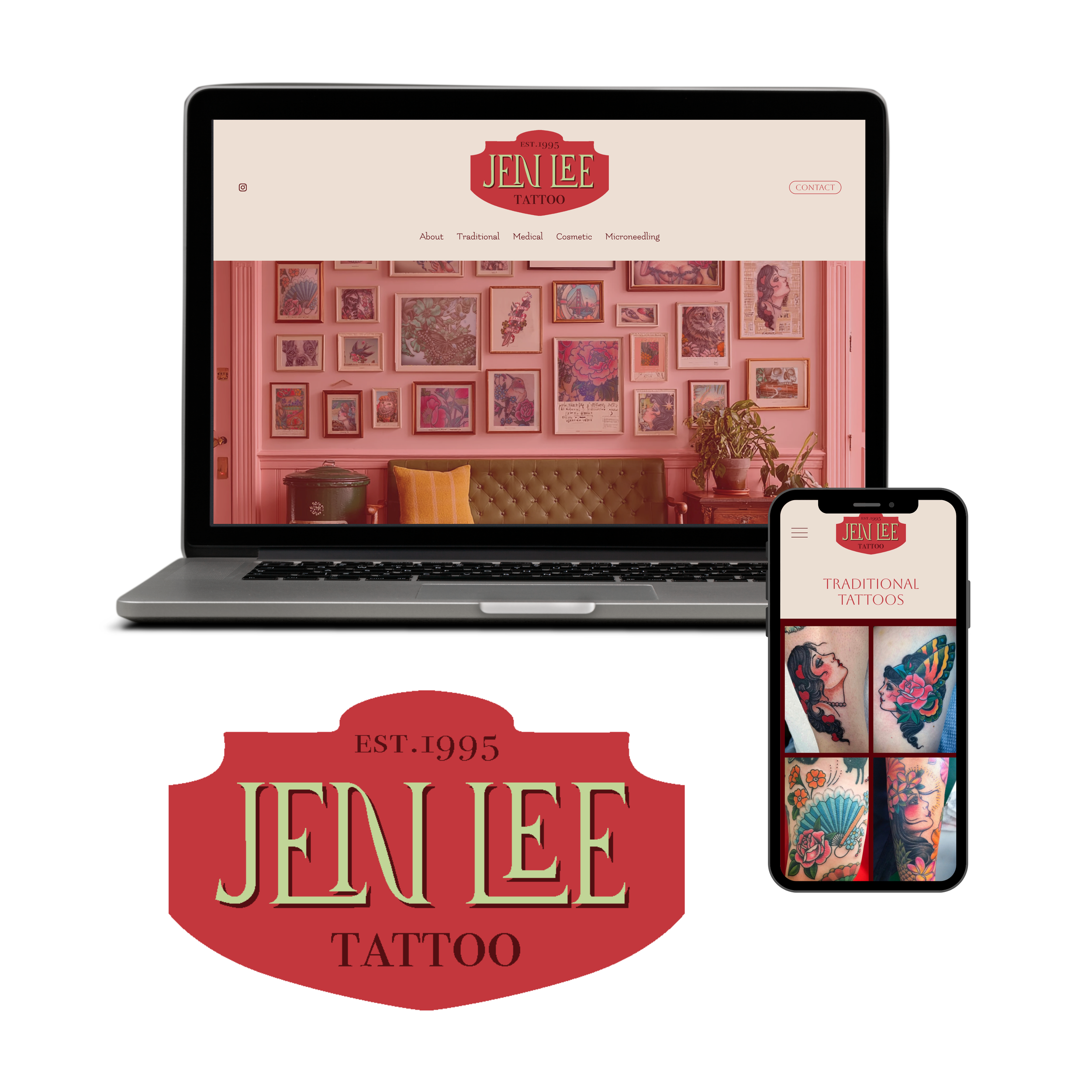 Logo for Jeni Lee Tattoo with establishment year 1995, featuring red and beige colors.