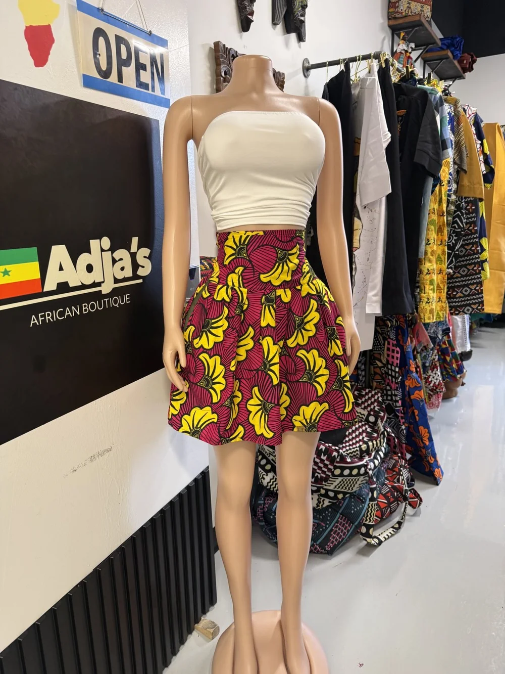 Red & Yellow Flower Print Mini Skirt