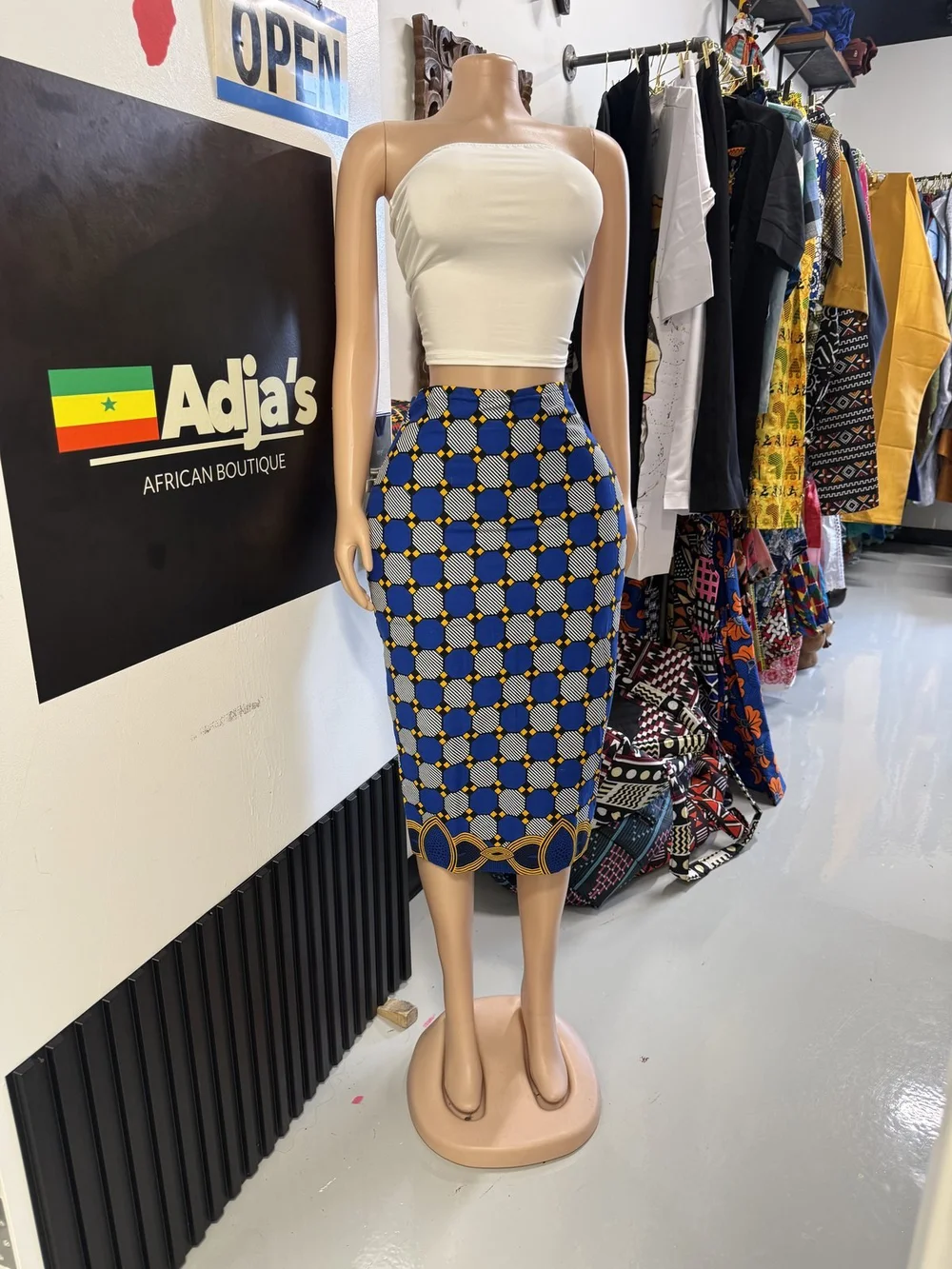 Blue Check Print Pencil Skirt