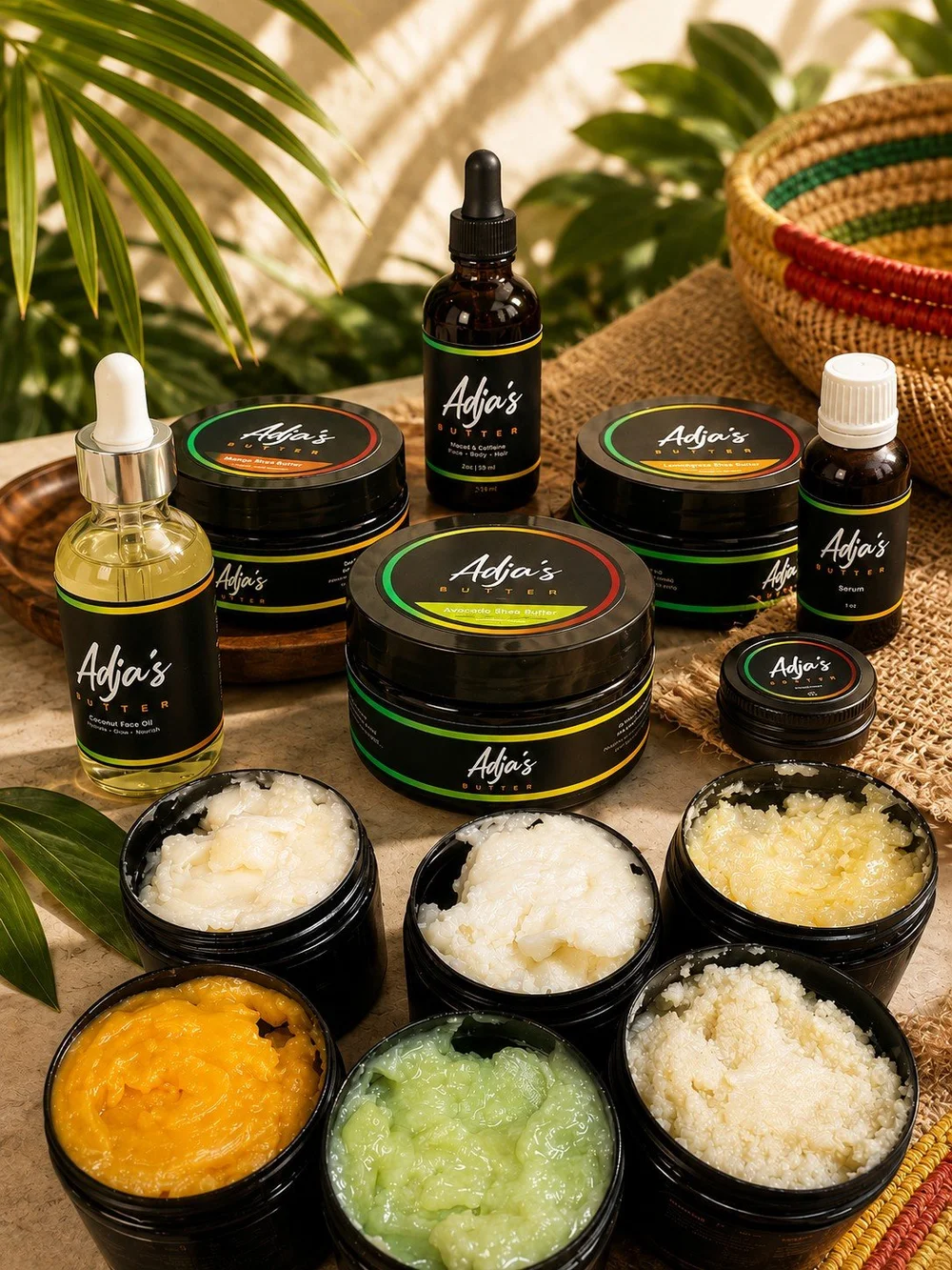 Adja’s Butter skincare: shea butter, face oil, serum and body scrubs