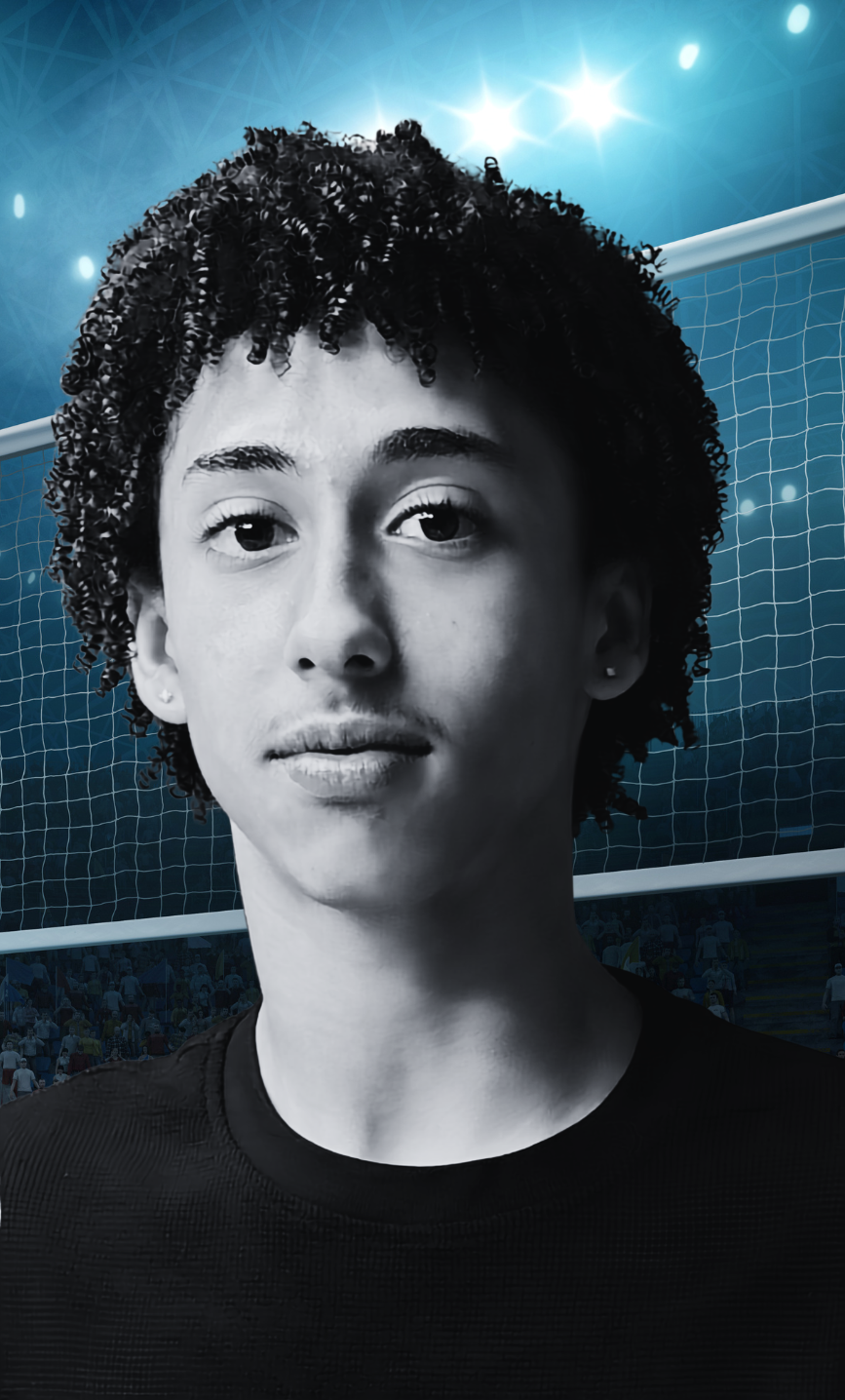 Spencer Appel headshot in black and white with volleyball court background