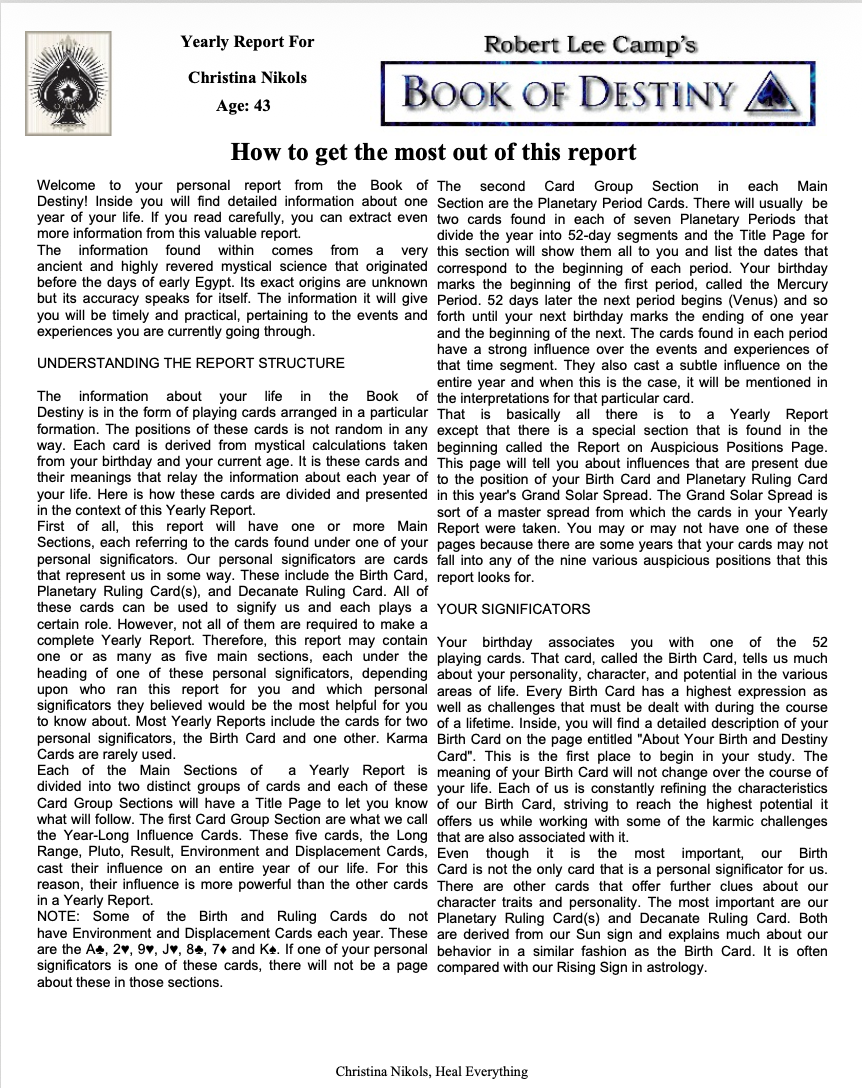 Cards of Your Destiny Report How to get the most out of this report
