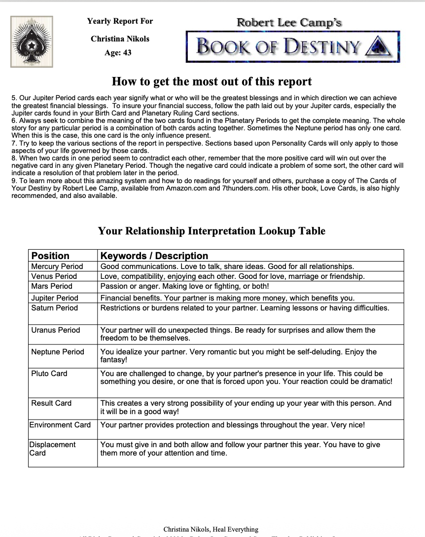Cards of Your Destiny Report your relationship interpretation lookup table