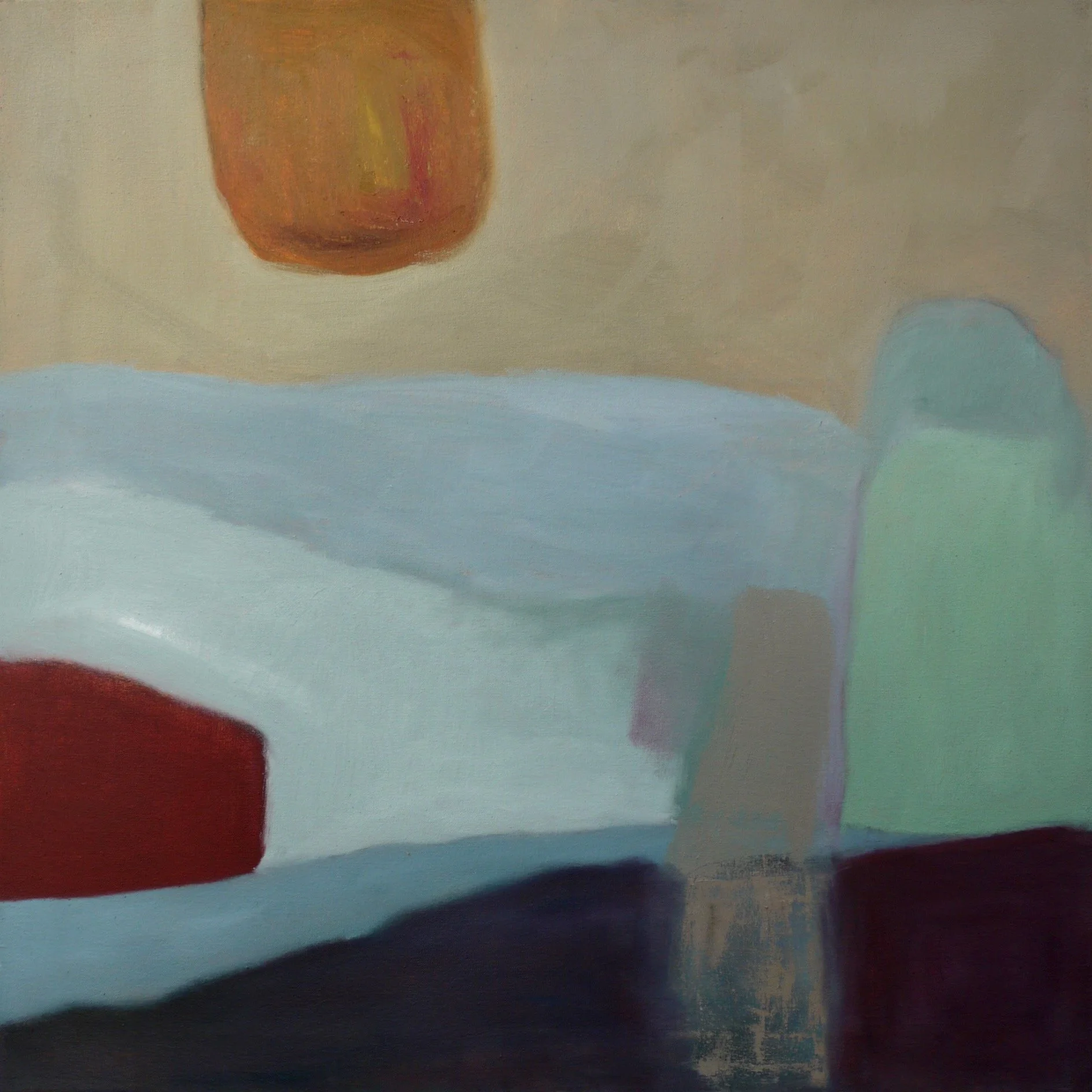 Abstract oil painting with large red shape on the left, a yellowish-orange oval shape near the top, light beige background, with hints of soft blue and purple areas.