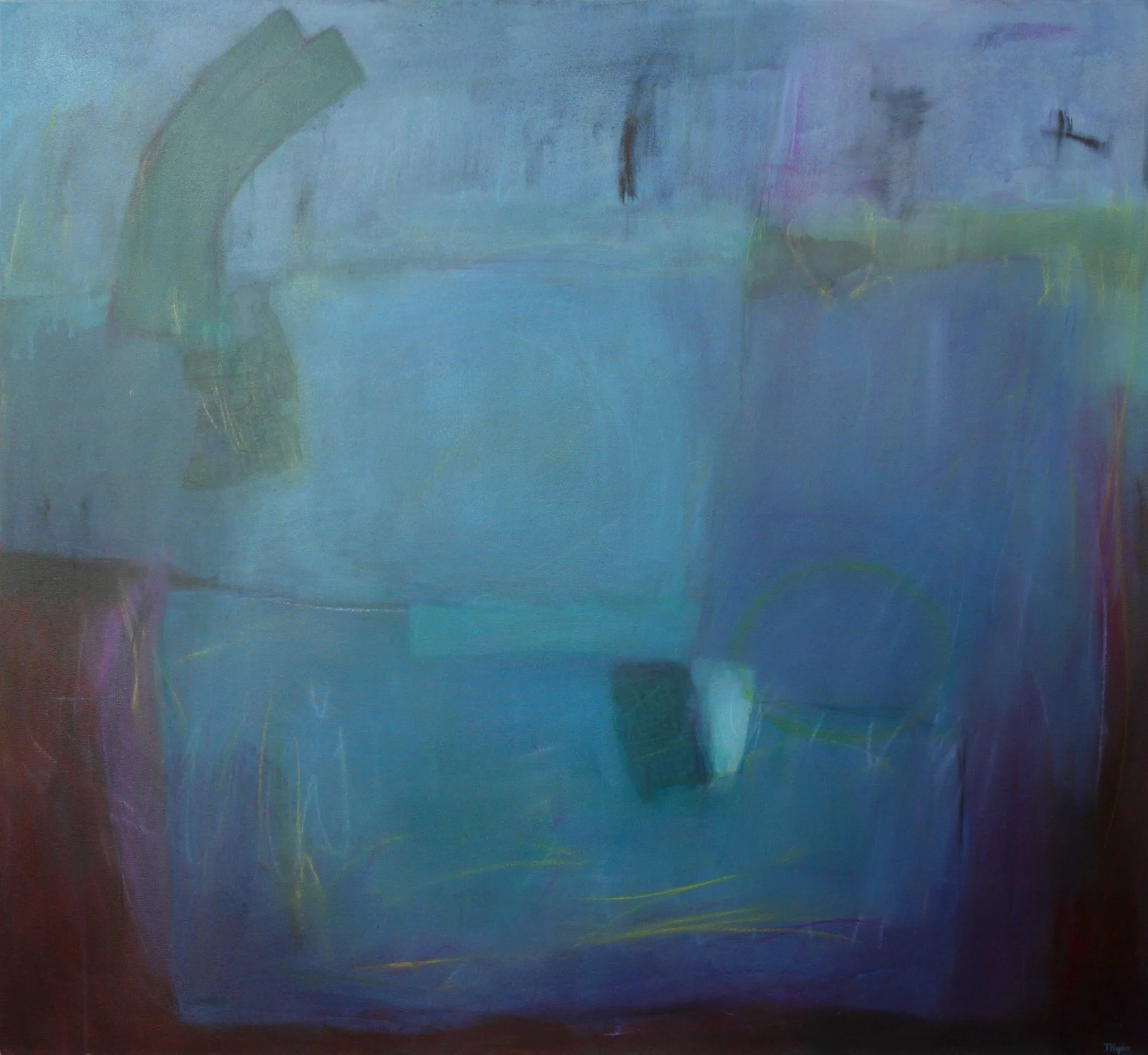 An abstract, colourful painting with streaks of yellow, purple, green, and blue on a dark background. The overall effect is of a series of deep blues and greens giving a moody and atmospheric impression.