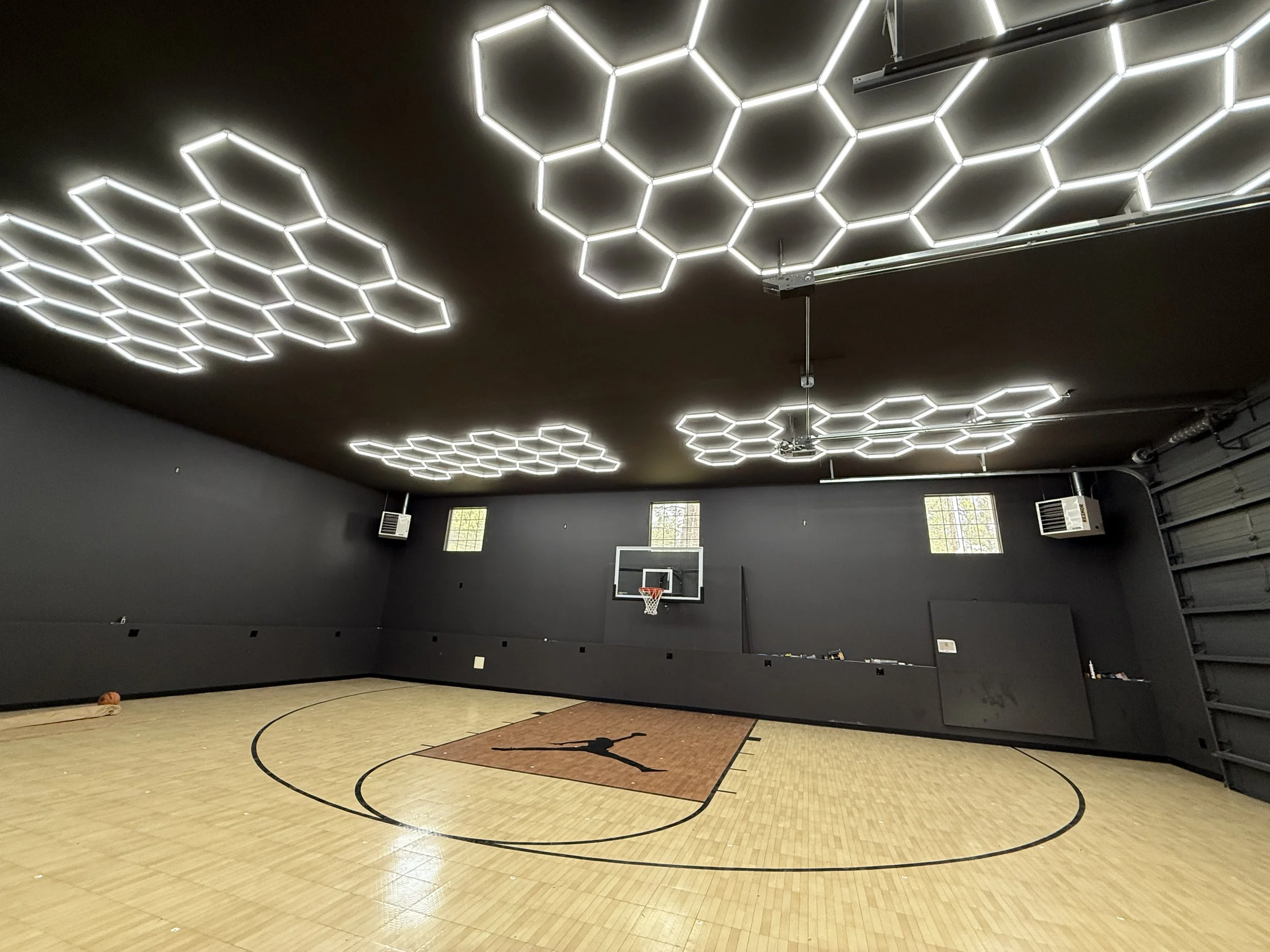 HEX Lighting installed for a basketball court and home gym