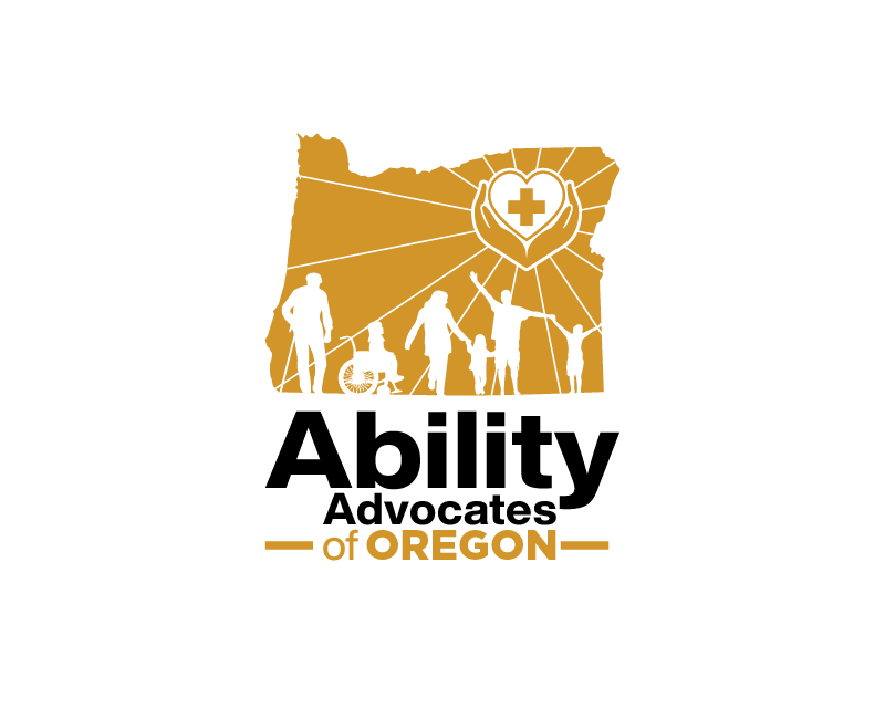 Logo for Ability Advocates of Oregon featuring a gold outline of Oregon with diverse individuals, including a person in a wheelchair, and a heart with a medical cross connected by lines.