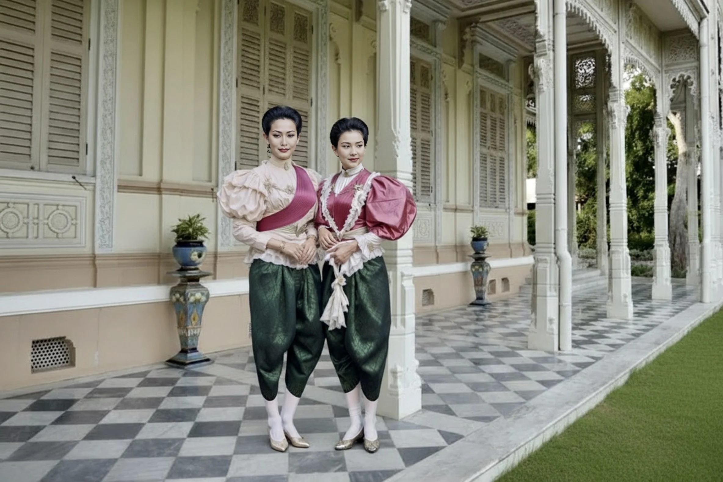 คู่สีประจำวันแบบสวัสดิรักษา วันจันทร์ คือ “นุ่งนกพิราบ ห่มจำปาแดง” (นุ่งผ้าสีนกพิราบนำ้เงินหม่น ห่มผ้าสีบานเย็น)