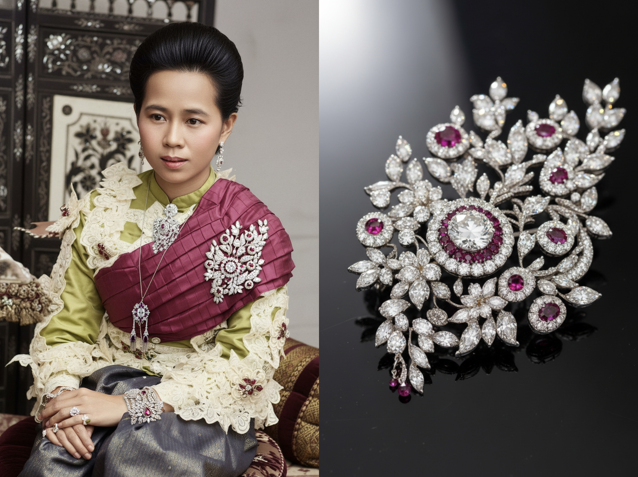 พระวิมาดาเธอฯ กรมพระสุทธาสินีนาฏ และเข็มกลัดเพชรลวดลายพฤกษา