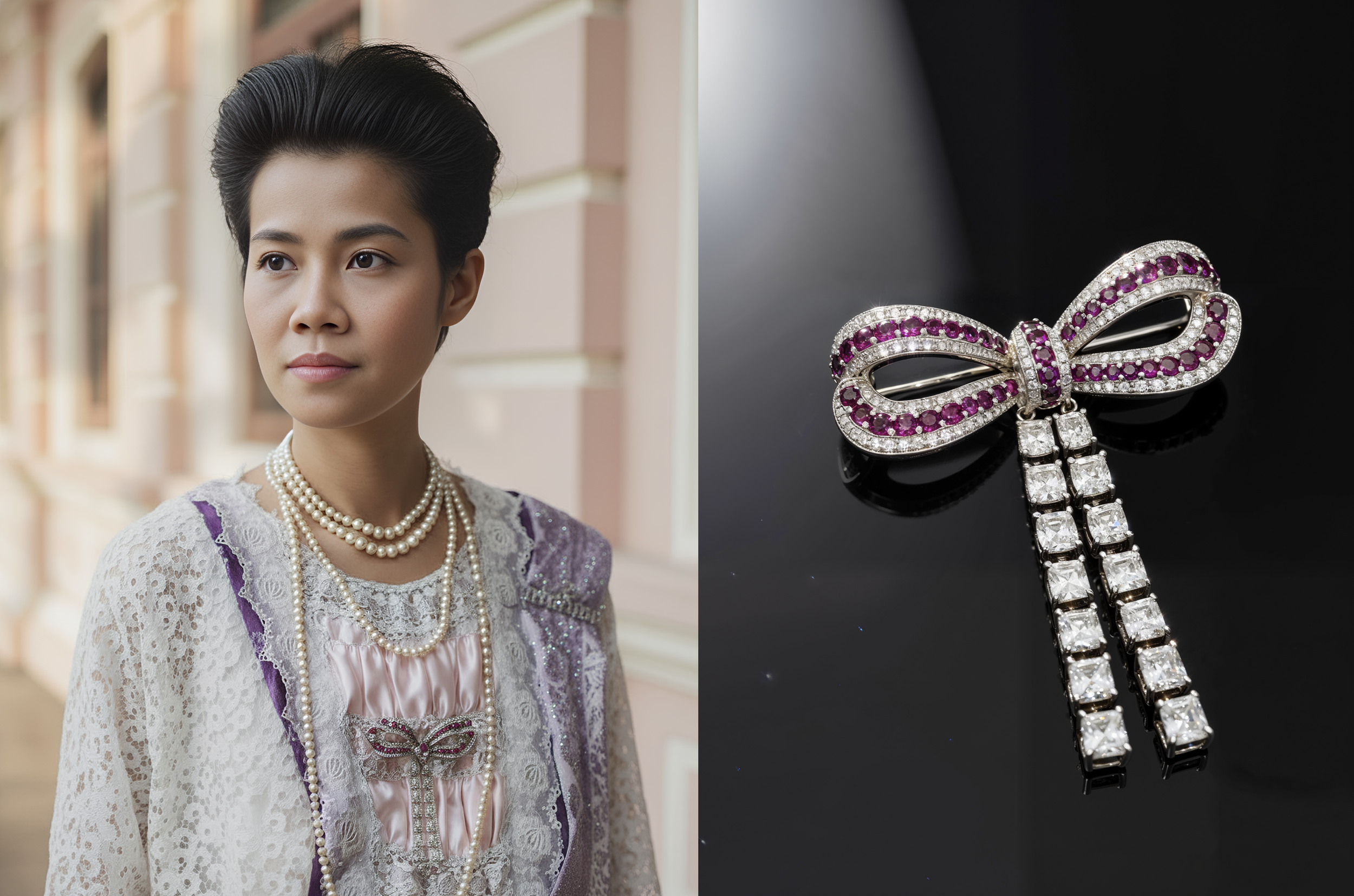สมเด็จพระเจ้าบรมวงศ์เธอ เจ้าฟ้ามาลินีนภดาราฯ และเข็มกลัดเพชร รูปโบ
