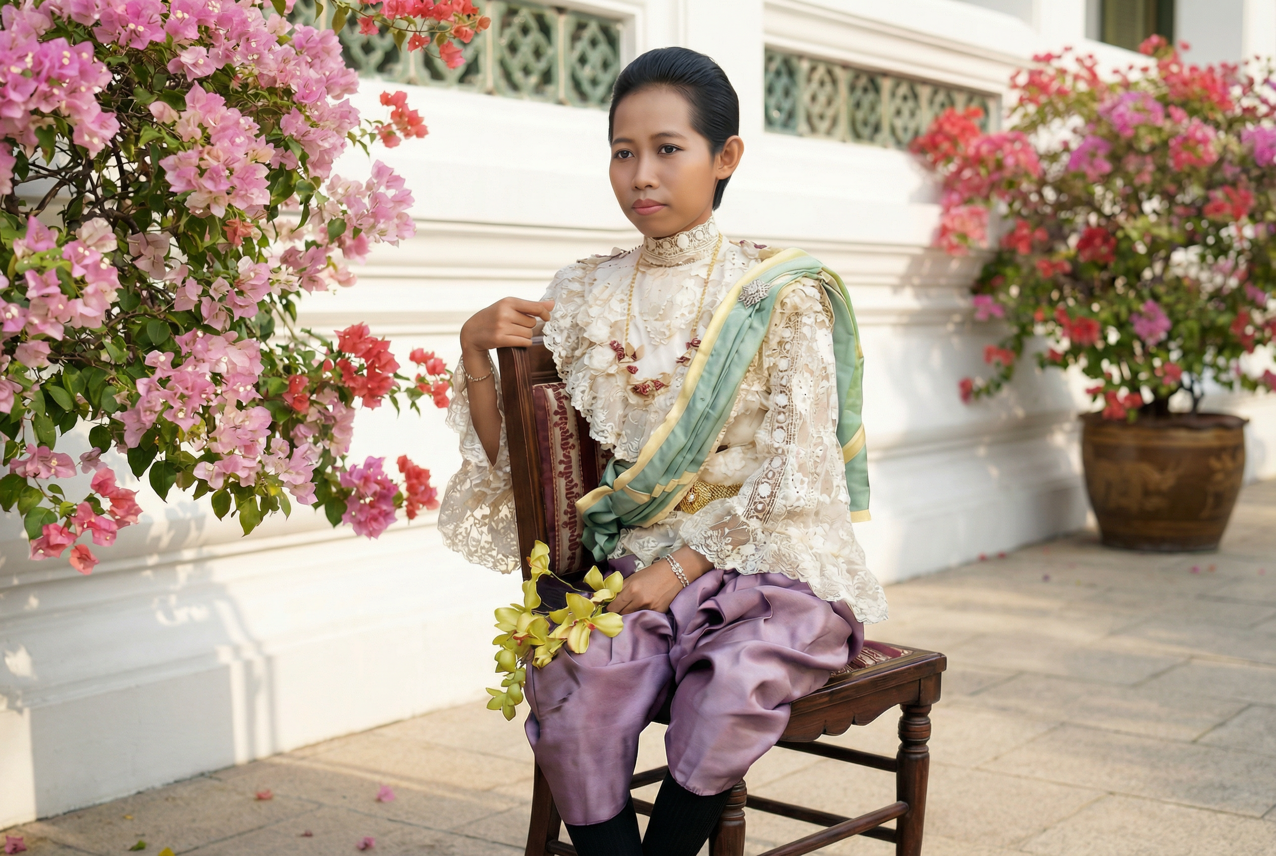 สมเด็จพระพันวัสสาอัยยิกาเจ้า ทรงฉลองพระองค์ผ้าลูกไม้แบบแขนกระดิ่ง (ruffled trumpet/bell sleeves)