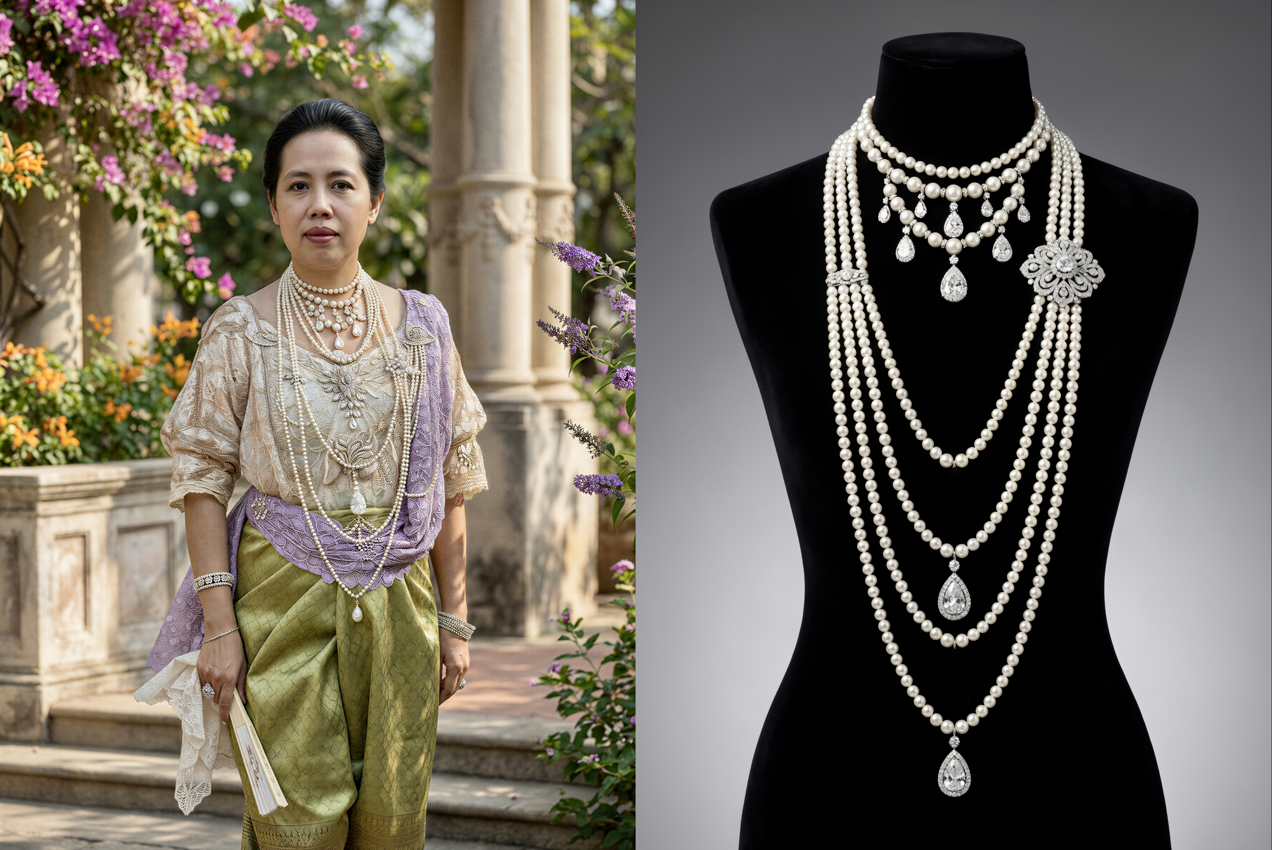 สมเด็จพระศรีพัชรินทราบรมราชินีนาถ และสร้อยพระศอมุกแบบ Sautoir สไตล์เครื่องประดับแบบเอ็ดเวิร์เดียนและอาร์ตนูโว (Edwardian and Art Nouveau style jewellery)