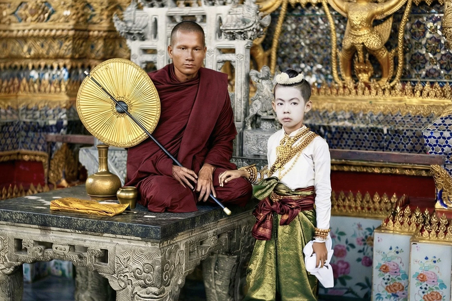 หม่อมเจ้าพระศีลวราลังการ (เนตร) ทรงฉายพระรูปร่วมกับพระเจ้าบรมวงศ์เธอ กรมพระนเรศรวรฤทธิ์ ที่พระอุโบสถวัดพระศรีรัตนศาสดาราม เมื่อ พ.ศ. ๒๔๐๘ (ภาพถ่ายโดย จอห์น ทอมสัน)