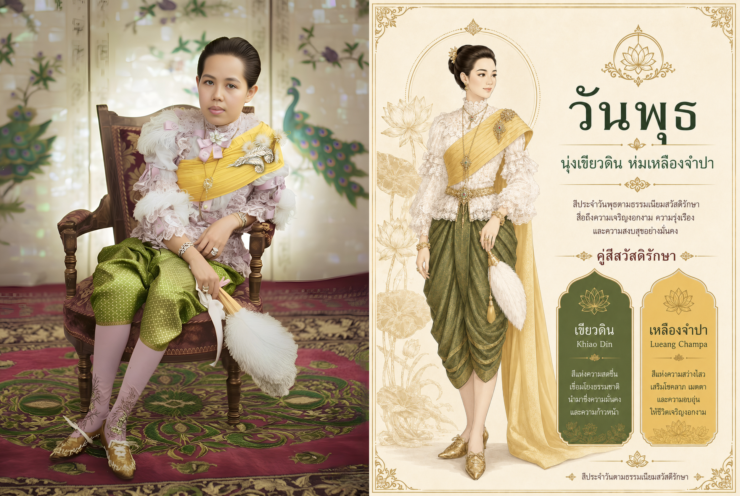สวัสดิรักษาและแฟชั่นในราชสำนักสยาม วันพุธ: นุ่งสีเขียวดิน ห่มเหลืองจำปา