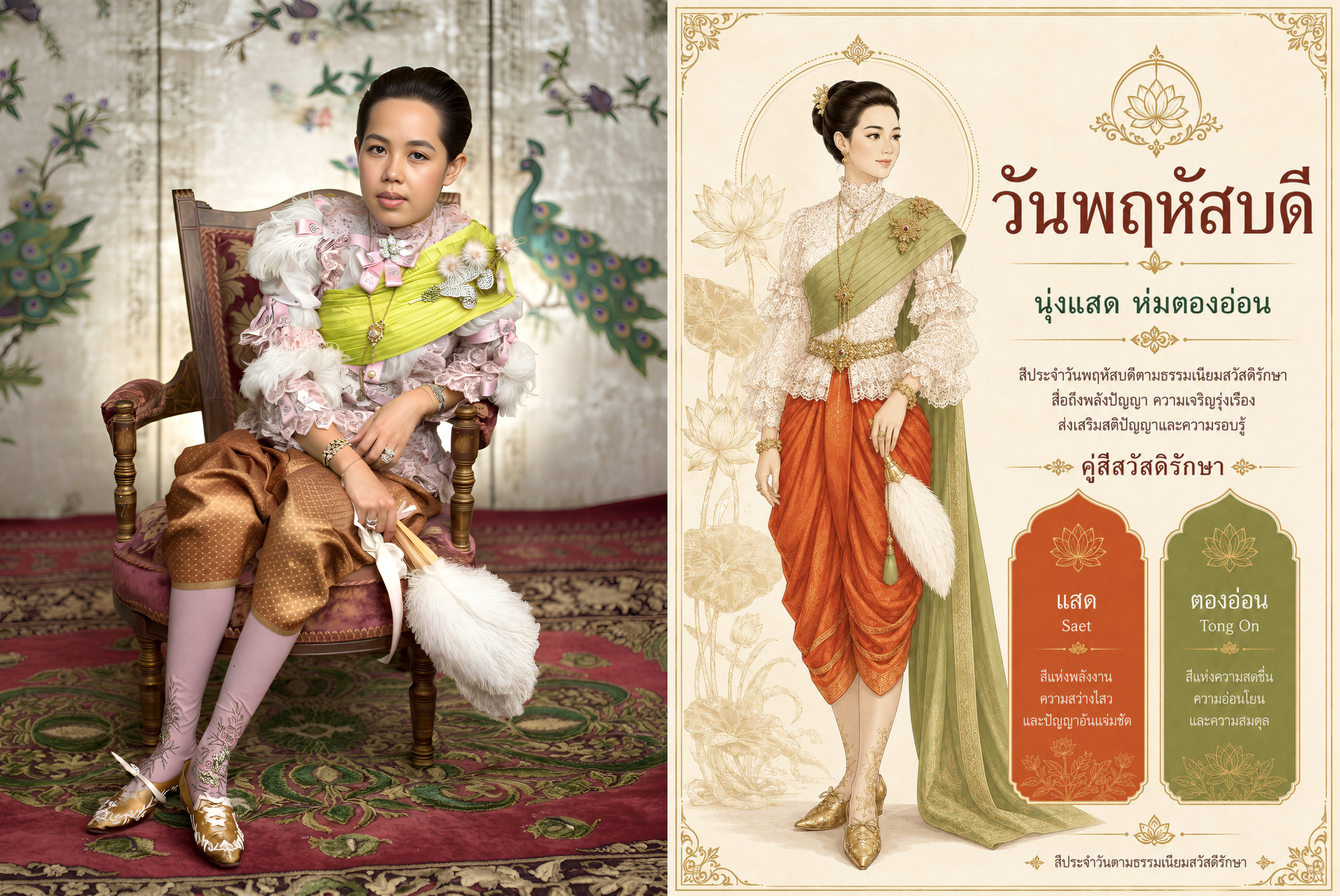 สวัสดิรักษาและแฟชั่นในราชสำนักสยาม วันพฤหัสบดี: นุ่งสีแสด ห่มเขียวตองอ่อน