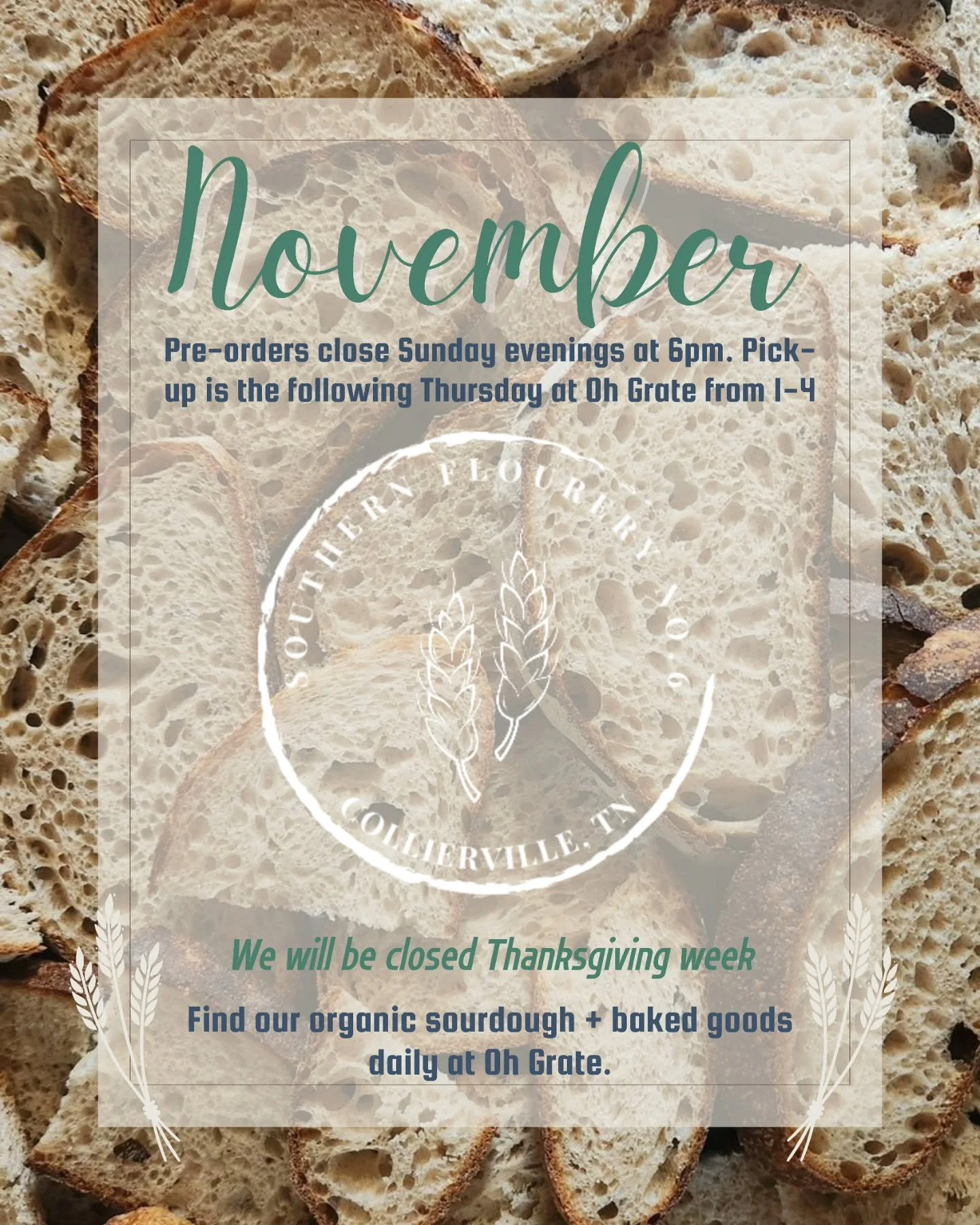 November is here, and our weekly pre-orders are open.
If you&rsquo;ve been waiting to stock your kitchen with real, nourishing sourdough before the holiday rush&hellip; this is your moment.

Pre-orders close every Sunday at 6pm, with Thursday pick-up