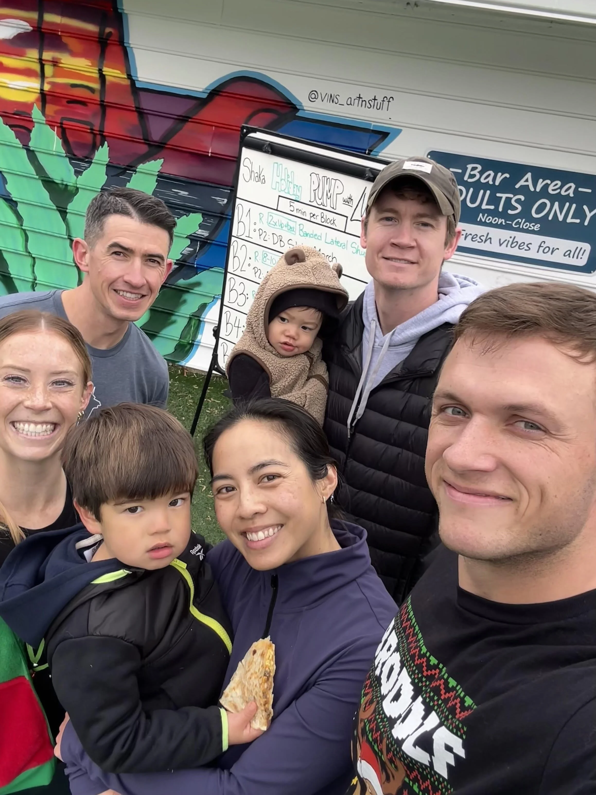 Selfie of small but mighty crew who showed up in  freezing temps for Shaka Holiday Pump Workout.