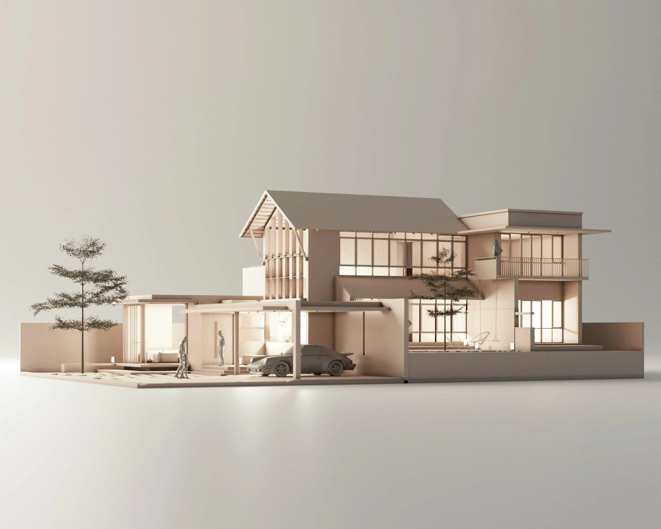 Arkitektonisk modell av ett modernt tvåvåningshus med carport, uteplats och träd. Fönster, träd och människor syns runt byggnaden.