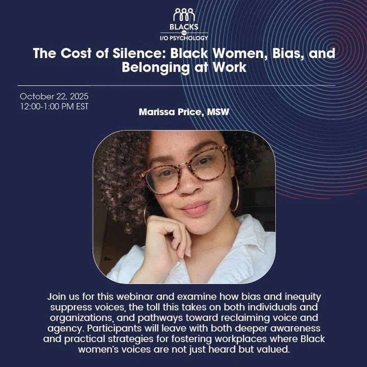 ✨ Happening tomorrow!
Join me for a special fireside chat with Blacks in I/O Psychology @blacksinio:
The Cost of Silence: Black Women, Bias, and Belonging at Work.
We’ll explore what silence costs us—emotionally, professionally, and co