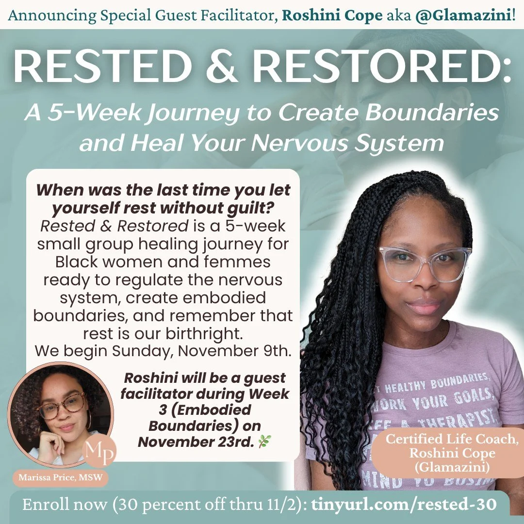 Happy Sunday 🤎 I&rsquo;m so excited to share that Roshini Cope aka  @glamazini , Certified Life Coach and Content Creator for Black Women Healing, will be joining me as a special guest facilitator for Week 3 of Rested &amp; Restored (Embodied Bounda