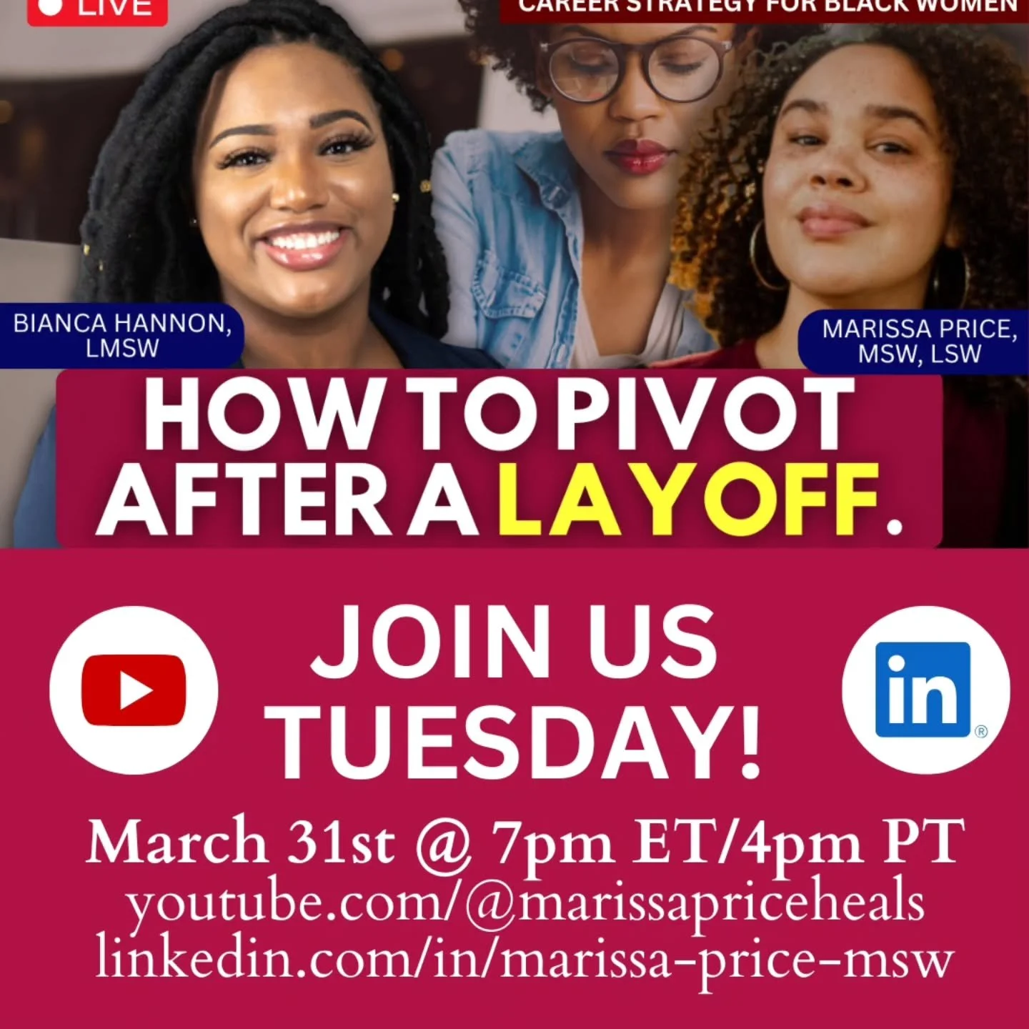 If you're free tomorrow at 7pm ET/4pm PT, I'll be chatting with fellow social worker Bianca Hannon, LMSW about how she pivoted after an unexpected layoff. Bianca pursued a new career path and launched her own consulting company.
 
Tap the link in bio