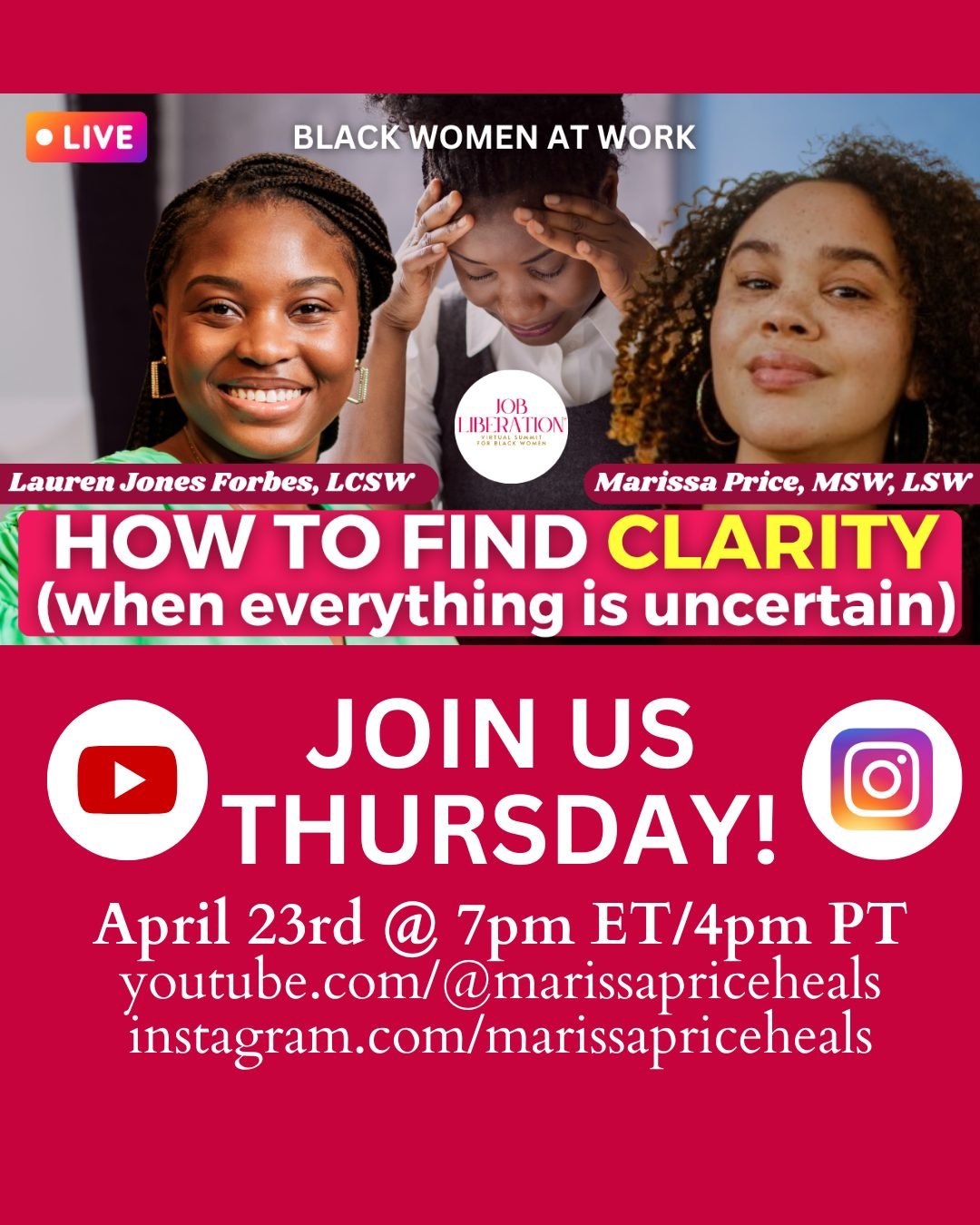 Feeling unclear in these times of uncertainty? Join me here on IG with our incredible Summit Speaker, Lauren Jones Forbes, LCSW, @iamlaurenjforbes tomorrow at 7pm ET/4pm PT as we chat about ways to find clarity by creating your vision.