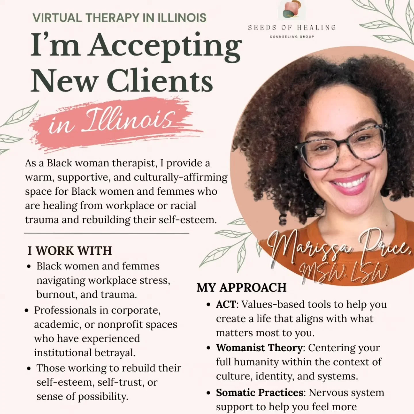 I&rsquo;m officially accepting new virtual therapy clients throughout Illinois 🌿

I work with Black women and femmes healing from workplace and racial trauma, burnout, and experiences that have impacted their self-esteem and self-trust: especially t