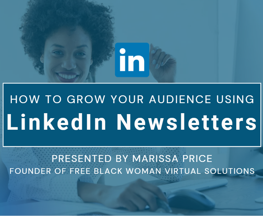 A smiling woman holding a LinkedIn logo, with text promoting a presentation on growing an audience with LinkedIn newsletters, presented by Marissa Price.