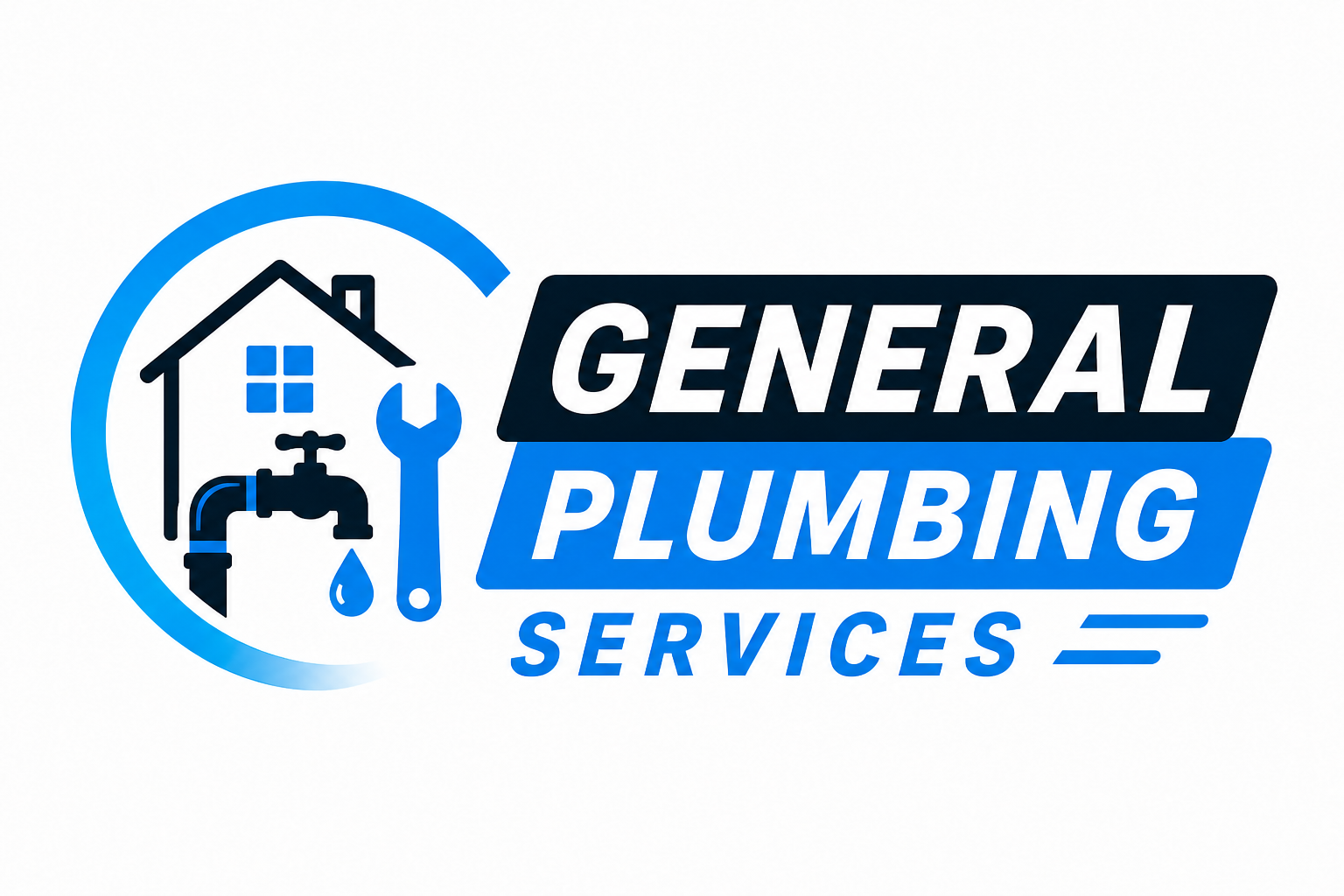 Logo for General Plumbing Services with a house, water faucet, pipe, wrench, and water droplet symbols in blue and black.