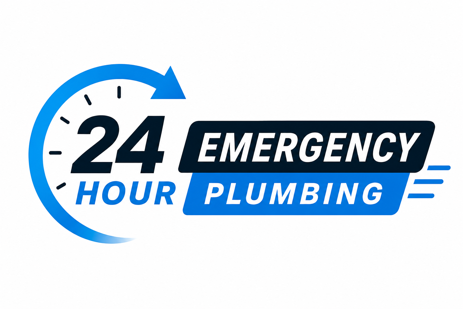 Logo for 24-hour emergency plumbing services, featuring a clock with a blue arrow around it and text in black and blue indicating 24-hour availability for emergency plumbing.