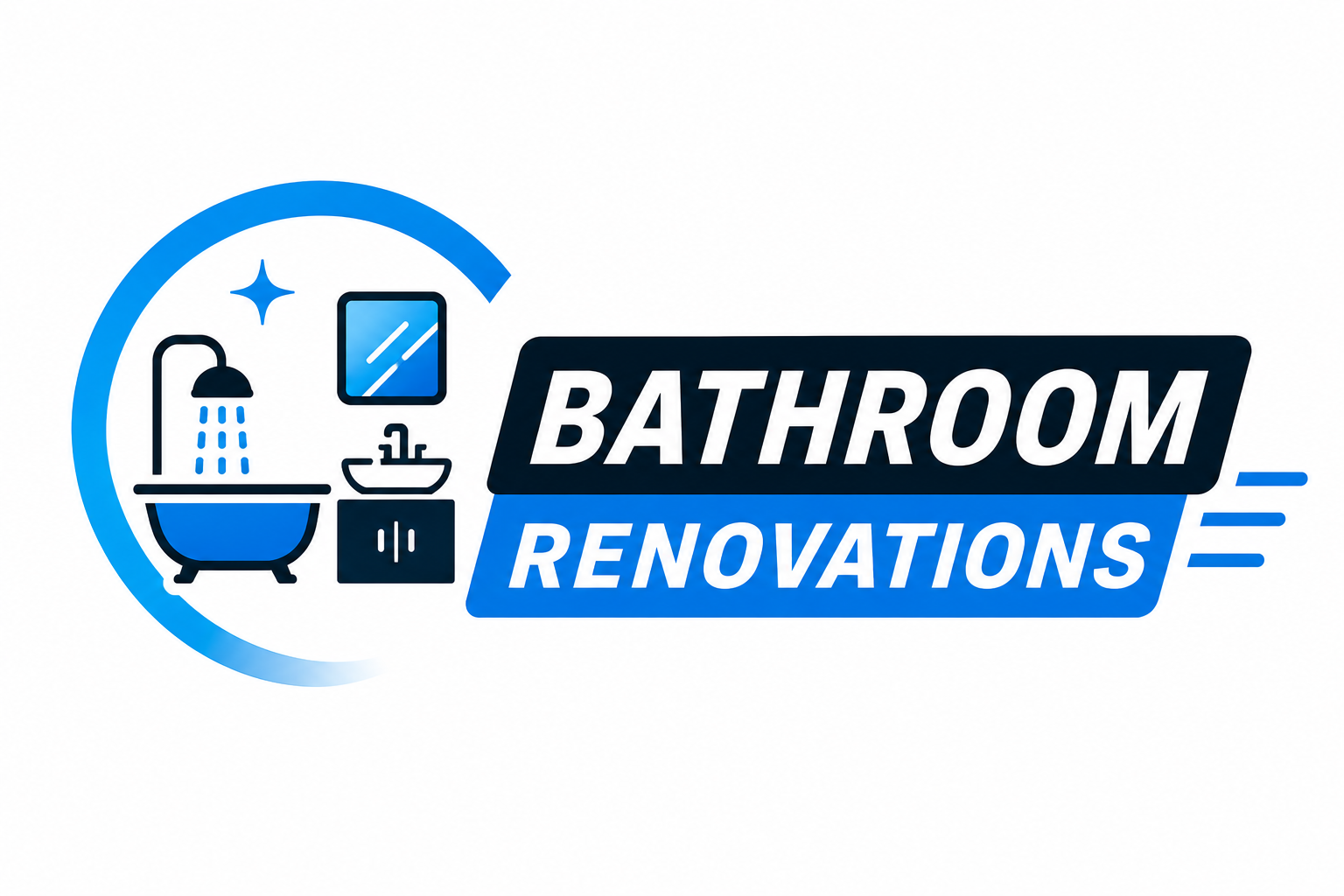Logo for Bathroom Renovations featuring a showerhead, a mirror, a sink, and a cabinet in blue and black text.